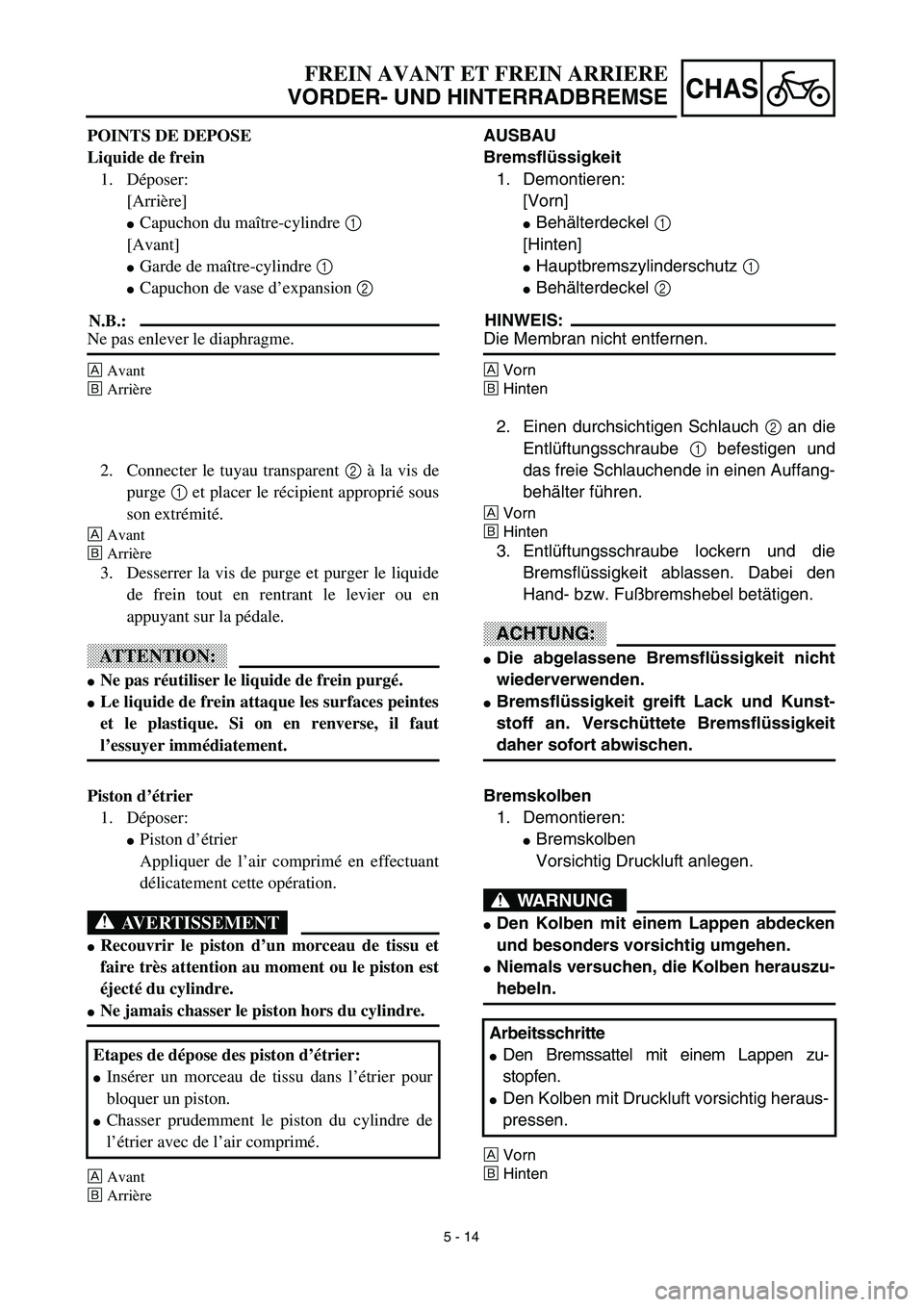 YAMAHA YZ426F 2002 Repair Manual 5 - 14
CHAS
FREIN AVANT ET FREIN ARRIERE
VORDER- UND HINTERRADBREMSE
AUSBAU
Bremsflüssigkeit
1. Demontieren:
[Vorn]
Behälterdeckel 1 
[Hinten]
Hauptbremszylinderschutz 1
Behälterdeckel 2 
HINWEI