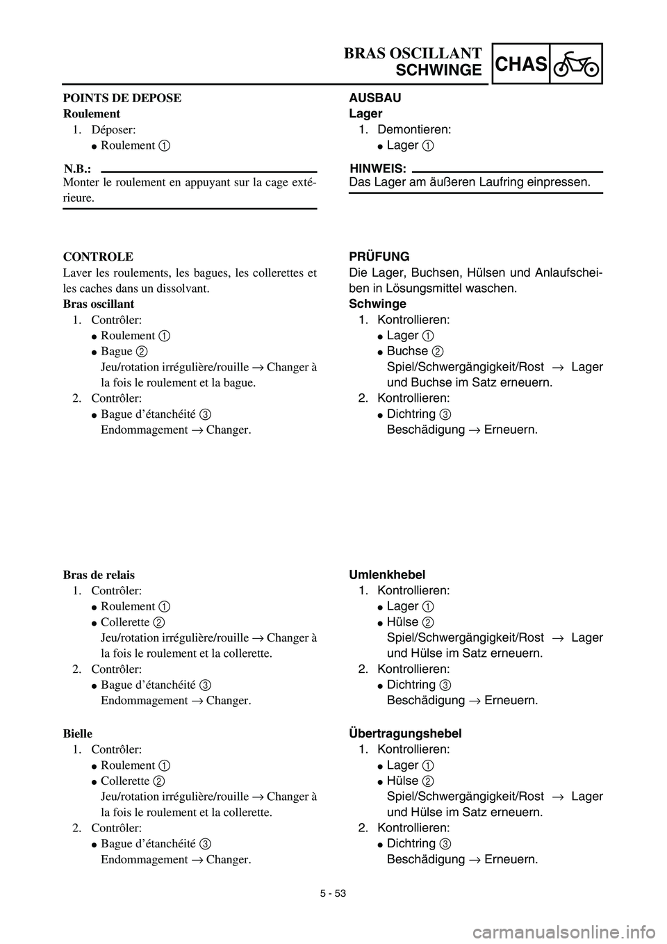 YAMAHA YZ426F 2002 Manual PDF 5 - 53
CHAS
BRAS OSCILLANT
SCHWINGE
AUSBAU
Lager
1. Demontieren:
Lager 1 
HINWEIS:
Das Lager am äußeren Laufring einpressen.
PRÜFUNG
Die Lager, Buchsen, Hülsen und Anlaufschei-
ben in Lösungsmit