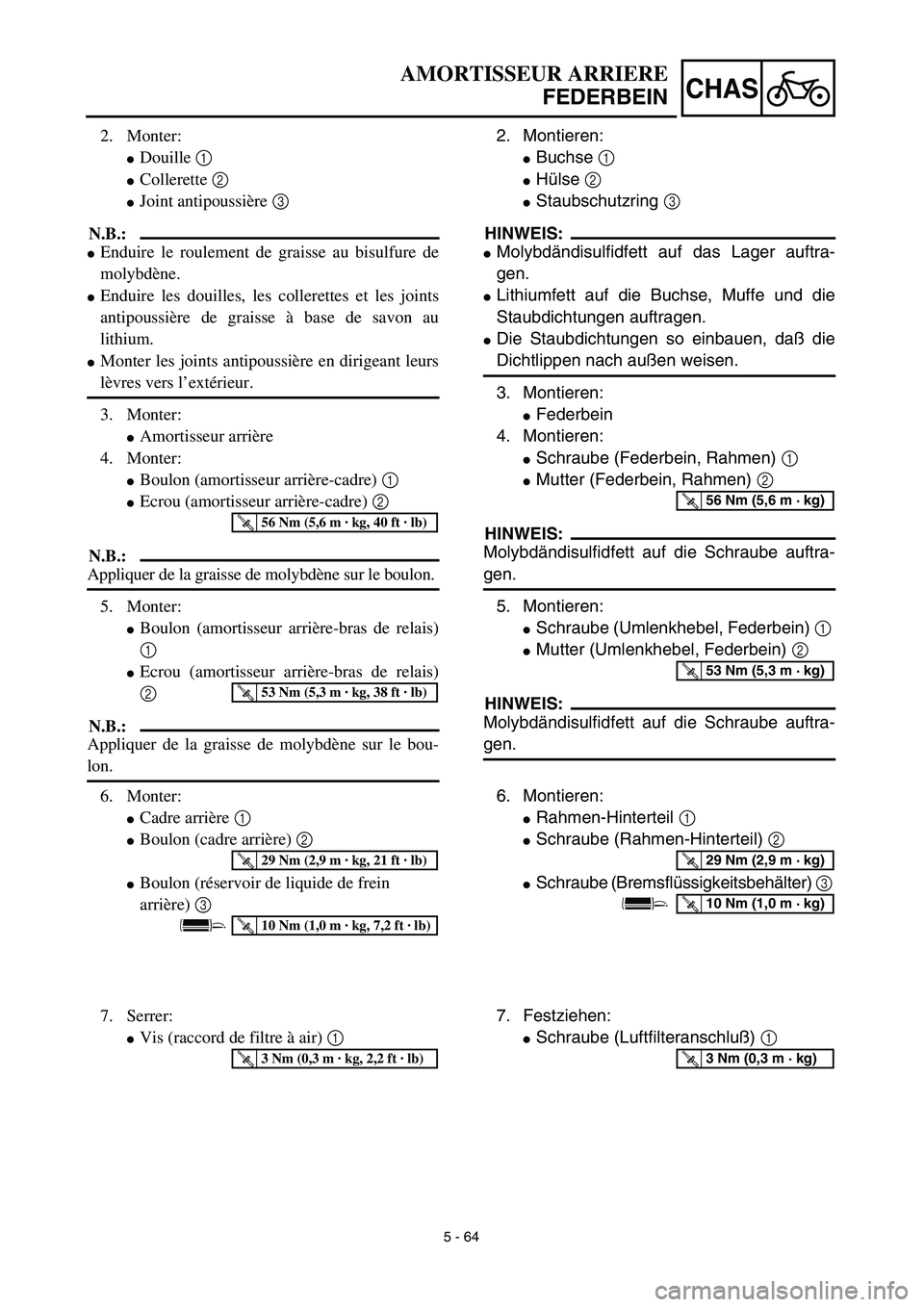 YAMAHA YZ426F 2002  Betriebsanleitungen (in German) 5 - 64
CHAS
AMORTISSEUR ARRIERE
FEDERBEIN
2. Montieren:
Buchse 1 
Hülse 2 
Staubschutzring 3 
HINWEIS:
Molybdändisulfidfett auf das Lager auftra-
gen.
Lithiumfett auf die Buchse, Muffe und die
