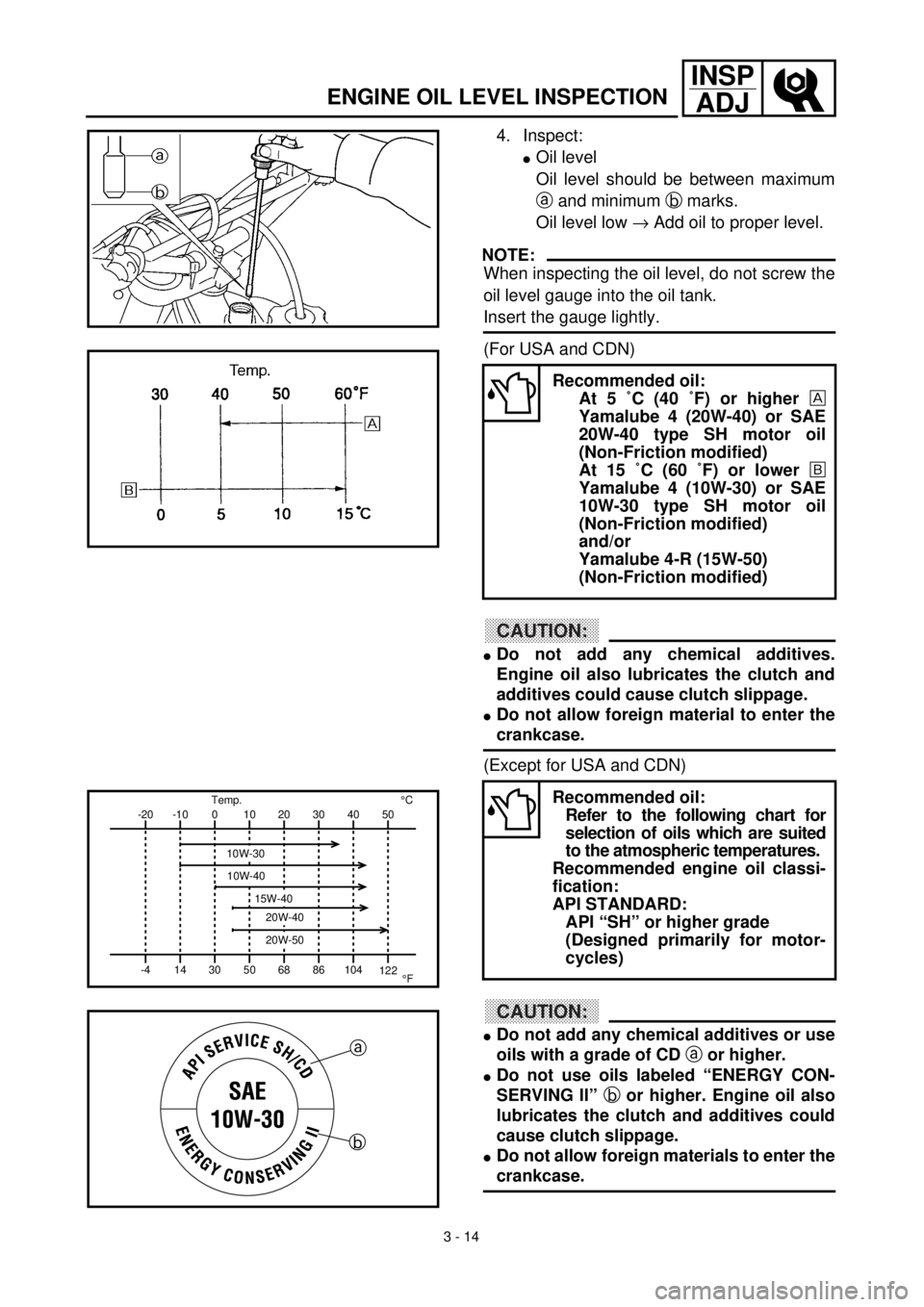 YAMAHA YZ426F 2001 Owners Manual 3 - 14
INSP
ADJ
4. Inspect:
lOil level
Oil level should be between maximum
a and minimum b marks.
Oil level low ® Add oil to proper level.
NOTE:
When inspecting the oil level, do not screw the
oil le YAMAHA YZ426F 2001 Owners Manual 3 - 14
INSP
ADJ
4. Inspect:
lOil level
Oil level should be between maximum
a and minimum b marks.
Oil level low ® Add oil to proper level.
NOTE:
When inspecting the oil level, do not screw the
oil le