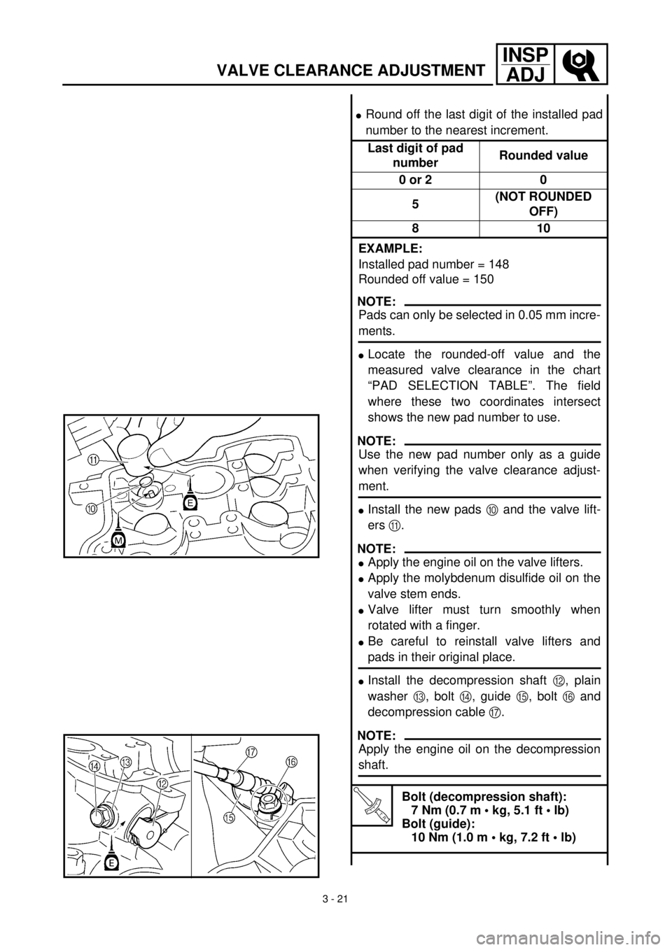 YAMAHA YZ426F 2001 Owners Manual
3 - 21
INSP
ADJ
VALVE CLEARANCE ADJUSTMENT
l
Round off the last digit of the installed pad
number to the nearest increment.
Last digit of pad
numberRounded value
0 or 2 0
5(NOT ROUNDED
OFF)
YAMAHA YZ426F 2001 Owners Manual
3 - 21
INSP
ADJ
VALVE CLEARANCE ADJUSTMENT
l
Round off the last digit of the installed pad
number to the nearest increment.
Last digit of pad
numberRounded value
0 or 2 0
5(NOT ROUNDED
OFF)