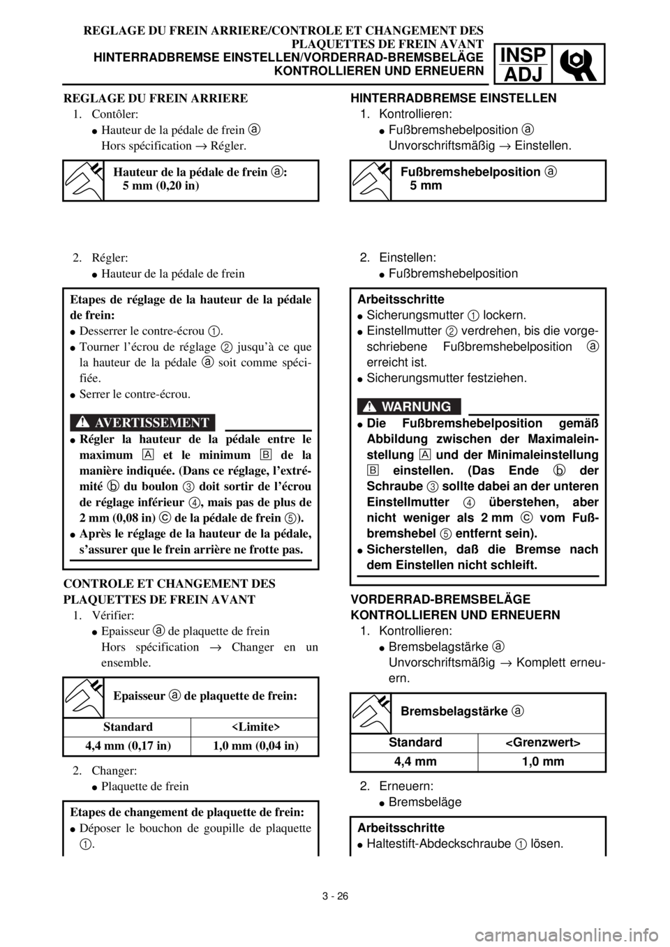 YAMAHA YZ426F 2001 Owners Manual INSP
ADJ
REGLAGE DU FREIN ARRIERE/CONTROLE ET CHANGEMENT DES
PLAQUETTES DE FREIN AVANT
HINTERRADBREMSE EINSTELLEN/VORDERRAD-BREMSBELÄGE
KONTROLLIEREN UND ERNEUERN
HINTERRADBREMSE EINSTELLEN
1. Kontro YAMAHA YZ426F 2001 Owners Manual INSP
ADJ
REGLAGE DU FREIN ARRIERE/CONTROLE ET CHANGEMENT DES
PLAQUETTES DE FREIN AVANT
HINTERRADBREMSE EINSTELLEN/VORDERRAD-BREMSBELÄGE
KONTROLLIEREN UND ERNEUERN
HINTERRADBREMSE EINSTELLEN
1. Kontro