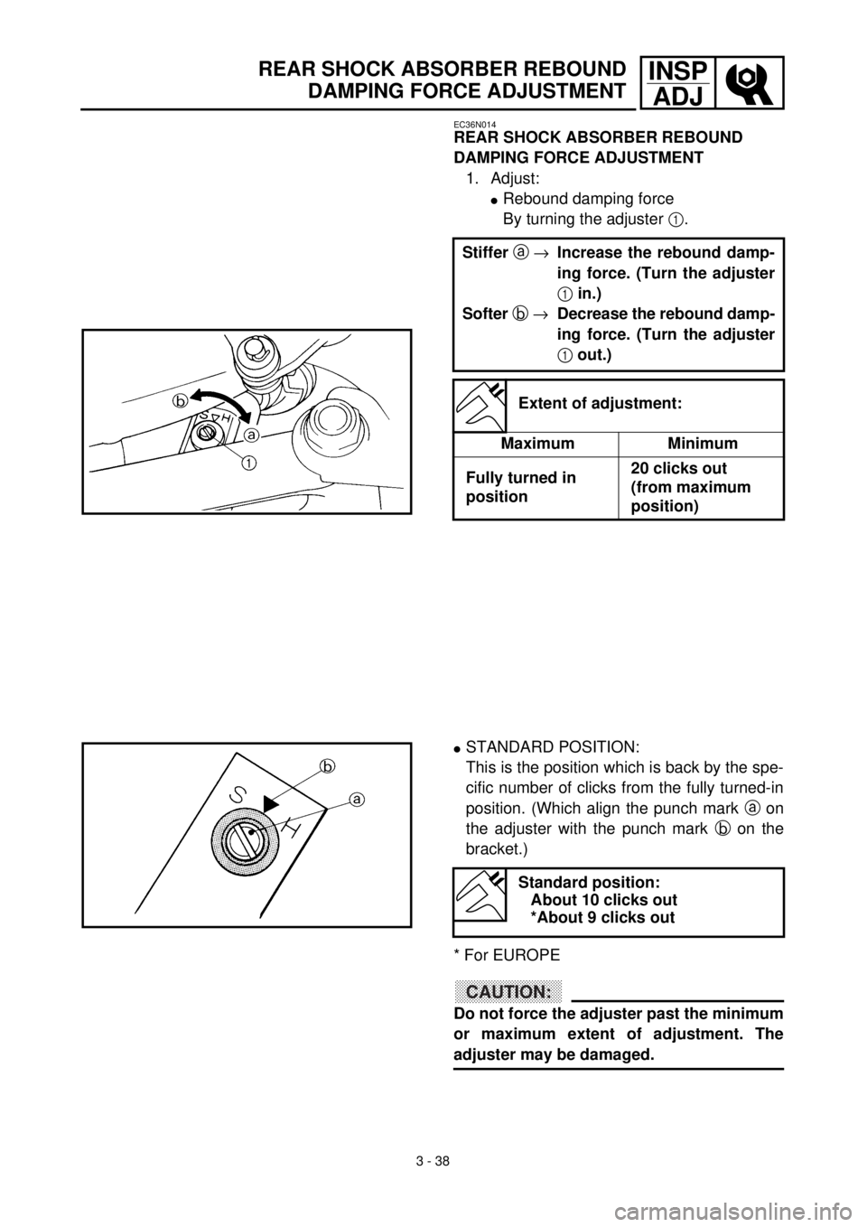 YAMAHA YZ426F 2001 Owners Manual 3 - 38
INSP
ADJREAR SHOCK ABSORBER REBOUND
DAMPING FORCE ADJUSTMENT
EC36N014
REAR SHOCK ABSORBER REBOUND
DAMPING FORCE ADJUSTMENT
1. Adjust:
lRebound damping force
By turning the adjuster 1.
Stiffer YAMAHA YZ426F 2001 Owners Manual 3 - 38
INSP
ADJREAR SHOCK ABSORBER REBOUND
DAMPING FORCE ADJUSTMENT
EC36N014
REAR SHOCK ABSORBER REBOUND
DAMPING FORCE ADJUSTMENT
1. Adjust:
lRebound damping force
By turning the adjuster 1.
Stiffer