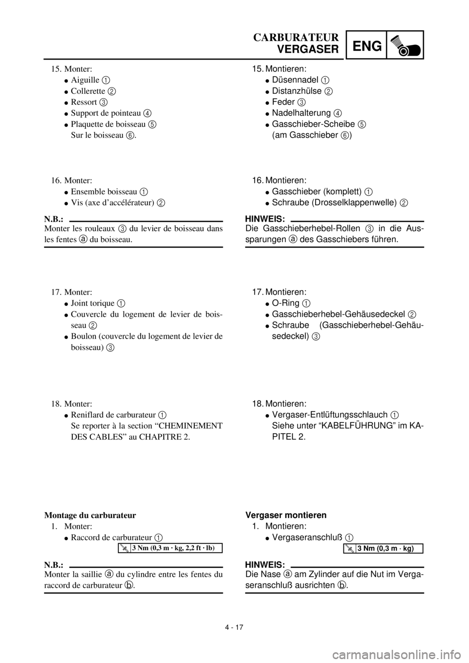YAMAHA YZ426F 2001  Owners Manual 4 - 17
ENG
CARBURATEUR
VERGASER
15. Montieren:
lDüsennadel 1 
lDistanzhülse 2 
lFeder 3 
lNadelhalterung 4 
lGasschieber-Scheibe 5 
(am Gasschieber 6)
16. Montieren:
lGasschieber (komplett) 1 
lSchr