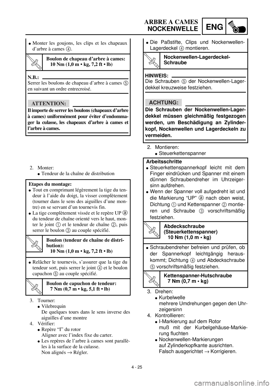 YAMAHA YZ426F 2001 Owners Manual 4 - 25
ENG
ARBRE A CAMES
NOCKENWELLE
2. Montieren:
lSteuerkettenspanner
3. Drehen:
lKurbelwelle
mehrere Umdrehungen gegen den Uhr-
zeigersinn
4. Kontrollieren:
lI-Markierung auf dem Rotor
muß mit der YAMAHA YZ426F 2001 Owners Manual 4 - 25
ENG
ARBRE A CAMES
NOCKENWELLE
2. Montieren:
lSteuerkettenspanner
3. Drehen:
lKurbelwelle
mehrere Umdrehungen gegen den Uhr-
zeigersinn
4. Kontrollieren:
lI-Markierung auf dem Rotor
muß mit der