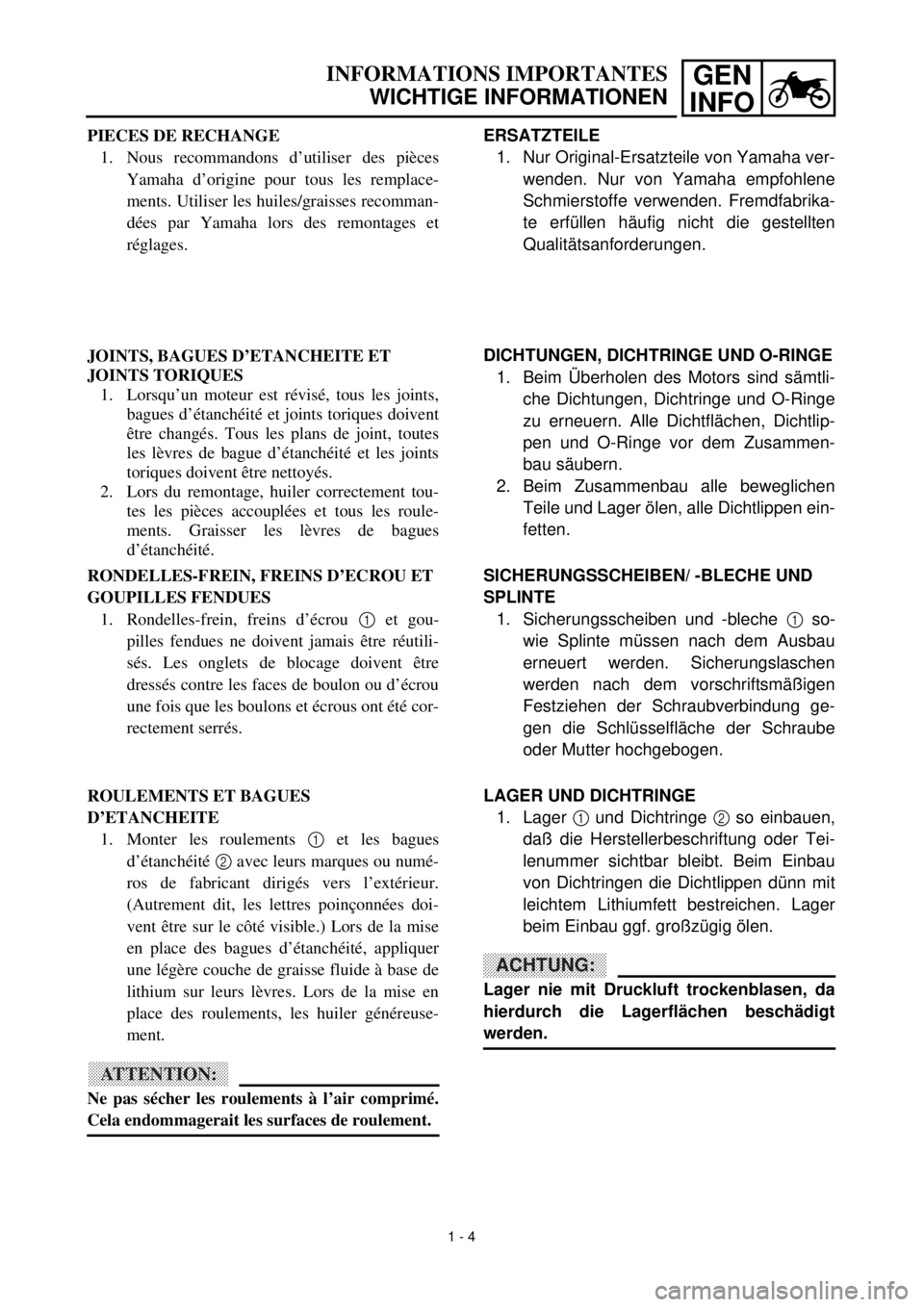 YAMAHA YZ426F 2001 Owners Guide GEN
INFOINFORMATIONS IMPORTANTES
WICHTIGE INFORMATIONEN
ERSATZTEILE
1. Nur Original-Ersatzteile von Yamaha ver-
wenden. Nur von Yamaha empfohlene
Schmierstoffe verwenden. Fremdfabrika-
te erfüllen h�