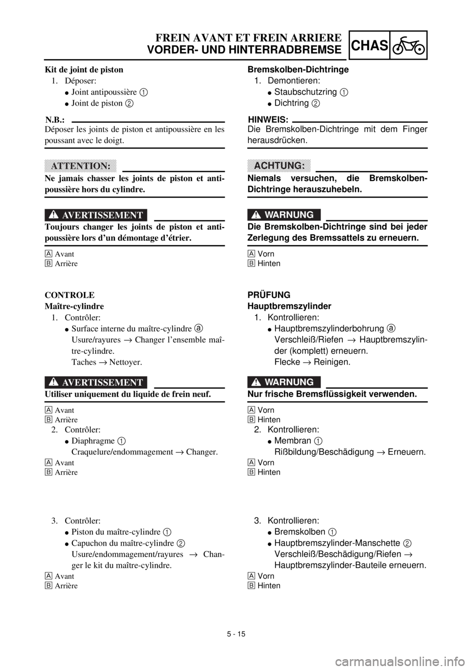 YAMAHA YZ426F 2001 Owners Manual 5 - 15
CHAS
FREIN AVANT ET FREIN ARRIERE
VORDER- UND HINTERRADBREMSE
Bremskolben-Dichtringe
1. Demontieren:
lStaubschutzring 1
lDichtring 2
HINWEIS:
Die Bremskolben-Dichtringe mit dem Finger
herausd YAMAHA YZ426F 2001 Owners Manual 5 - 15
CHAS
FREIN AVANT ET FREIN ARRIERE
VORDER- UND HINTERRADBREMSE
Bremskolben-Dichtringe
1. Demontieren:
lStaubschutzring 1
lDichtring 2
HINWEIS:
Die Bremskolben-Dichtringe mit dem Finger
herausd