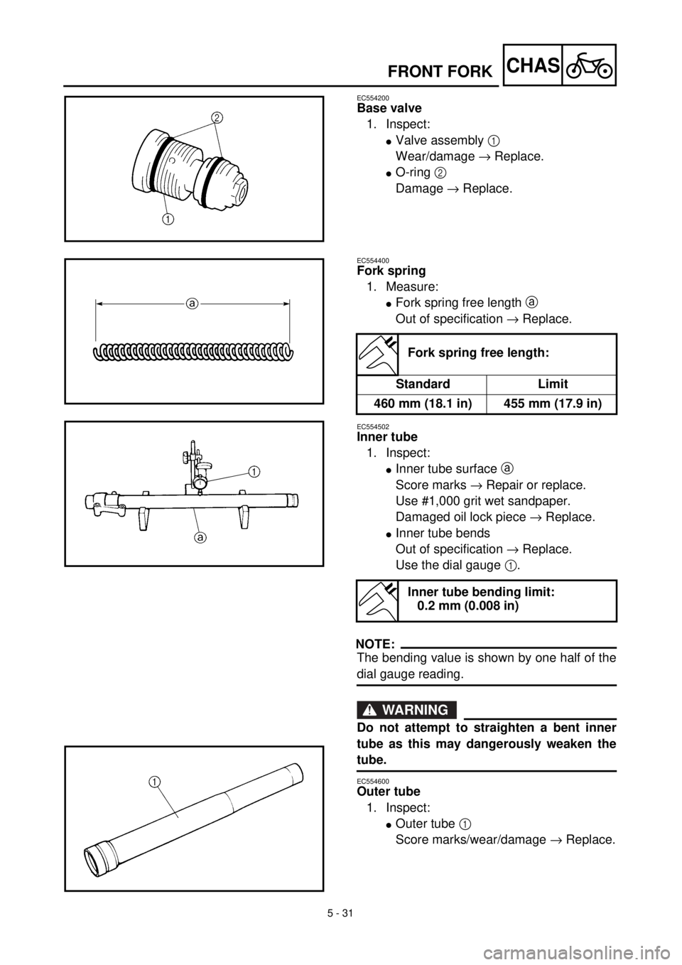 YAMAHA YZ426F 2001 Owners Manual 5 - 31
CHAS
EC554200
Base valve
1. Inspect:
lValve assembly 1
Wear/damage ® Replace.
lO-ring 2
Damage ® Replace.
EC554400
Fork spring
1. Measure:
lFork spring free length a
Out of specification YAMAHA YZ426F 2001 Owners Manual 5 - 31
CHAS
EC554200
Base valve
1. Inspect:
lValve assembly 1
Wear/damage ® Replace.
lO-ring 2
Damage ® Replace.
EC554400
Fork spring
1. Measure:
lFork spring free length a
Out of specification