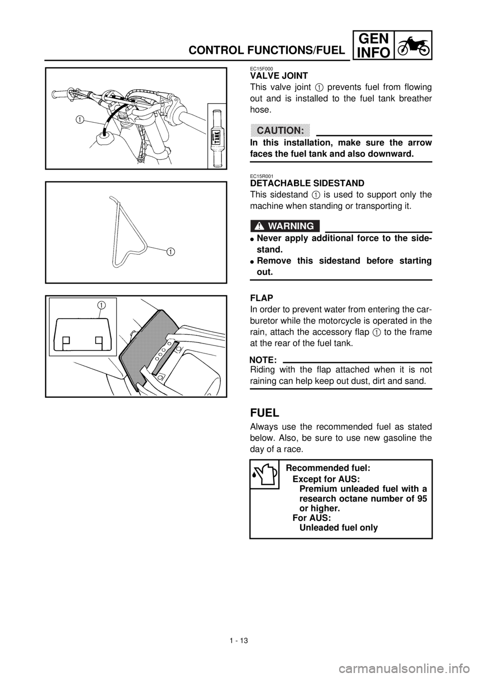 YAMAHA YZ426F 2001  Notices Demploi (in French) 1 - 13
GEN
INFO
CONTROL FUNCTIONS/FUEL
EC15F000
VALVE JOINT
This valve joint 1 prevents fuel from flowing
out and is installed to the fuel tank breather
hose.
CAUTION:
In this installation, make sure 