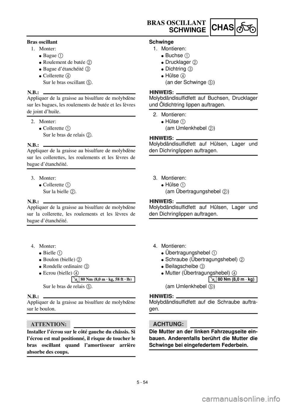 YAMAHA YZ426F 2001 Owners Manual 5 - 54
CHAS
BRAS OSCILLANT
SCHWINGE
Schwinge
1. Montieren:
lBuchse 1
lDrucklager 2
lDichtring 3
lHülse 4
(an der Schwinge 5)
HINWEIS:
Molybdändisulfidfett auf Buchsen, Drucklager
und Öldichtrin YAMAHA YZ426F 2001 Owners Manual 5 - 54
CHAS
BRAS OSCILLANT
SCHWINGE
Schwinge
1. Montieren:
lBuchse 1
lDrucklager 2
lDichtring 3
lHülse 4
(an der Schwinge 5)
HINWEIS:
Molybdändisulfidfett auf Buchsen, Drucklager
und Öldichtrin