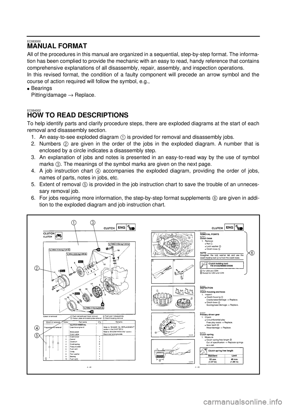 YAMAHA YZ426F 2000  Betriebsanleitungen (in German)  
EC083000 
MANUAL FORMAT 
All of the procedures in this manual are organized in a sequential, step-by-step format. The informa-
tion has been complied to provide the mechanic with an easy to read, ha
