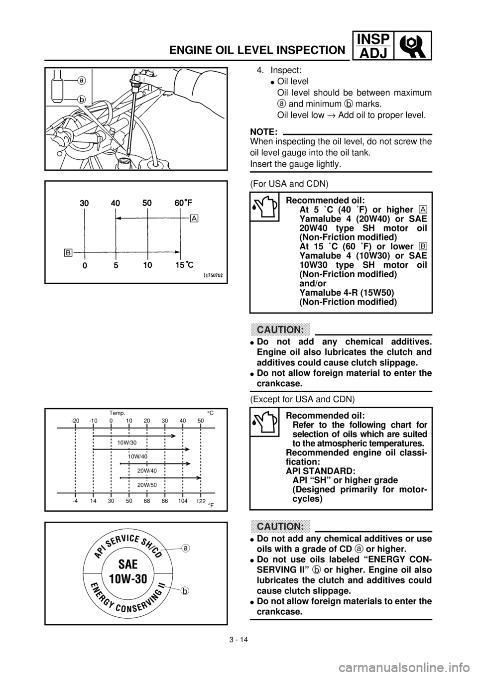 YAMAHA YZ426F 2000  Owners Manual 3 - 14
INSP
ADJ
4. Inspect:
lOil level
Oil level should be between maximum
a and minimum b marks.
Oil level low ® Add oil to proper level.
NOTE:
When inspecting the oil level, do not screw the
oil le