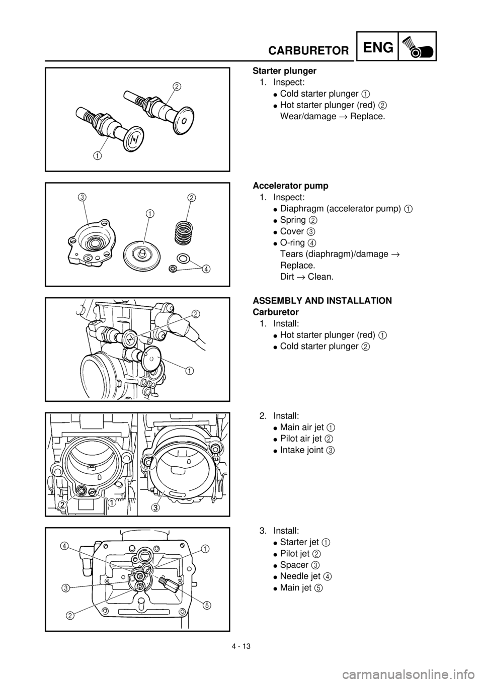 YAMAHA YZ426F 2000 Betriebsanleitungen (in German) 4 - 13
ENG
Starter plunger
1. Inspect:
lCold starter plunger 1
lHot starter plunger (red) 2
Wear/damage ® Replace.
Accelerator pump
1. Inspect:
lDiaphragm (accelerator pump) 1
lSpring 2
lCover 3 YAMAHA YZ426F 2000 Betriebsanleitungen (in German) 4 - 13
ENG
Starter plunger
1. Inspect:
lCold starter plunger 1
lHot starter plunger (red) 2
Wear/damage ® Replace.
Accelerator pump
1. Inspect:
lDiaphragm (accelerator pump) 1
lSpring 2
lCover 3