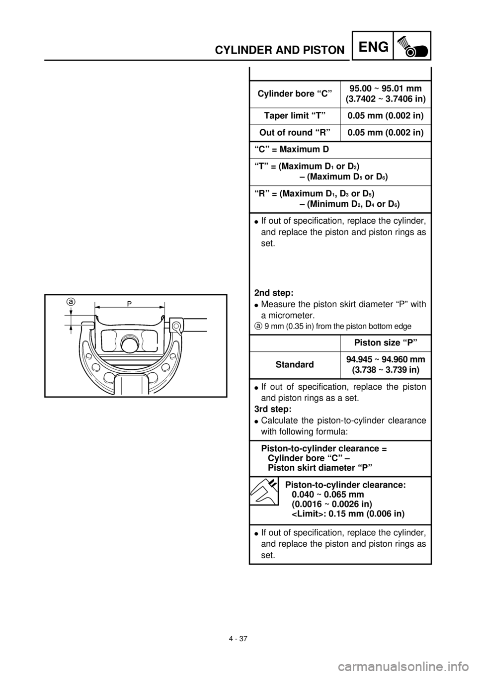 YAMAHA YZ426F 2000 Owners Manual 4 - 37
ENGCYLINDER AND PISTON
Cylinder bore “C”95.00 ~ 95.01 mm
(3.7402 ~ 3.7406 in)
Taper limit “T” 0.05 mm (0.002 in)
Out of round “R” 0.05 mm (0.002 in)
“C” = Maximum D
“T” = (M YAMAHA YZ426F 2000 Owners Manual 4 - 37
ENGCYLINDER AND PISTON
Cylinder bore “C”95.00 ~ 95.01 mm
(3.7402 ~ 3.7406 in)
Taper limit “T” 0.05 mm (0.002 in)
Out of round “R” 0.05 mm (0.002 in)
“C” = Maximum D
“T” = (M