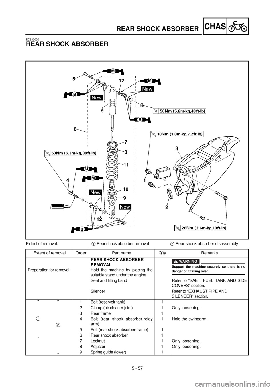 YAMAHA YZ426F 2000  Owners Manual 5 - 57
CHASREAR SHOCK ABSORBER
EC580000
REAR SHOCK ABSORBER
Extent of removal:1 Rear shock absorber removal2 Rear shock absorber disassembly
Extent of removal Order Part name Q’ty Remarks
Preparatio