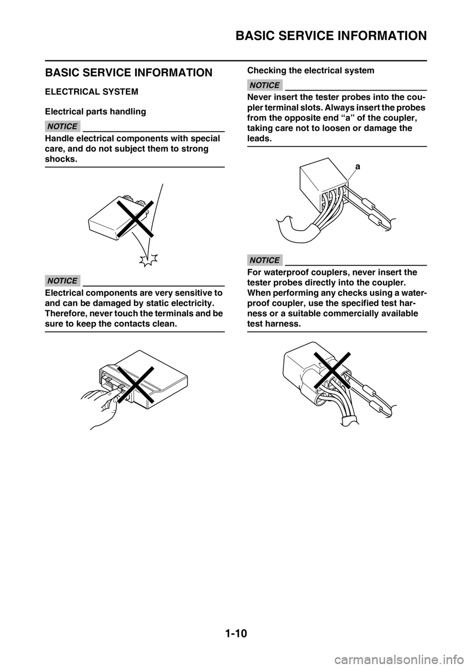 YAMAHA YZ450F 2016 Owners Manual BASIC SERVICE INFORMATION
1-10
EASB111026
BASIC SERVICE INFORMATION
EASB111027ELECTRICAL SYSTEM
Electrical parts handling
ECA16620
NOTICE
Handle electrical components with special
care, and do not su YAMAHA YZ450F 2016 Owners Manual BASIC SERVICE INFORMATION
1-10
EASB111026
BASIC SERVICE INFORMATION
EASB111027ELECTRICAL SYSTEM
Electrical parts handling
ECA16620
NOTICE
Handle electrical components with special
care, and do not su