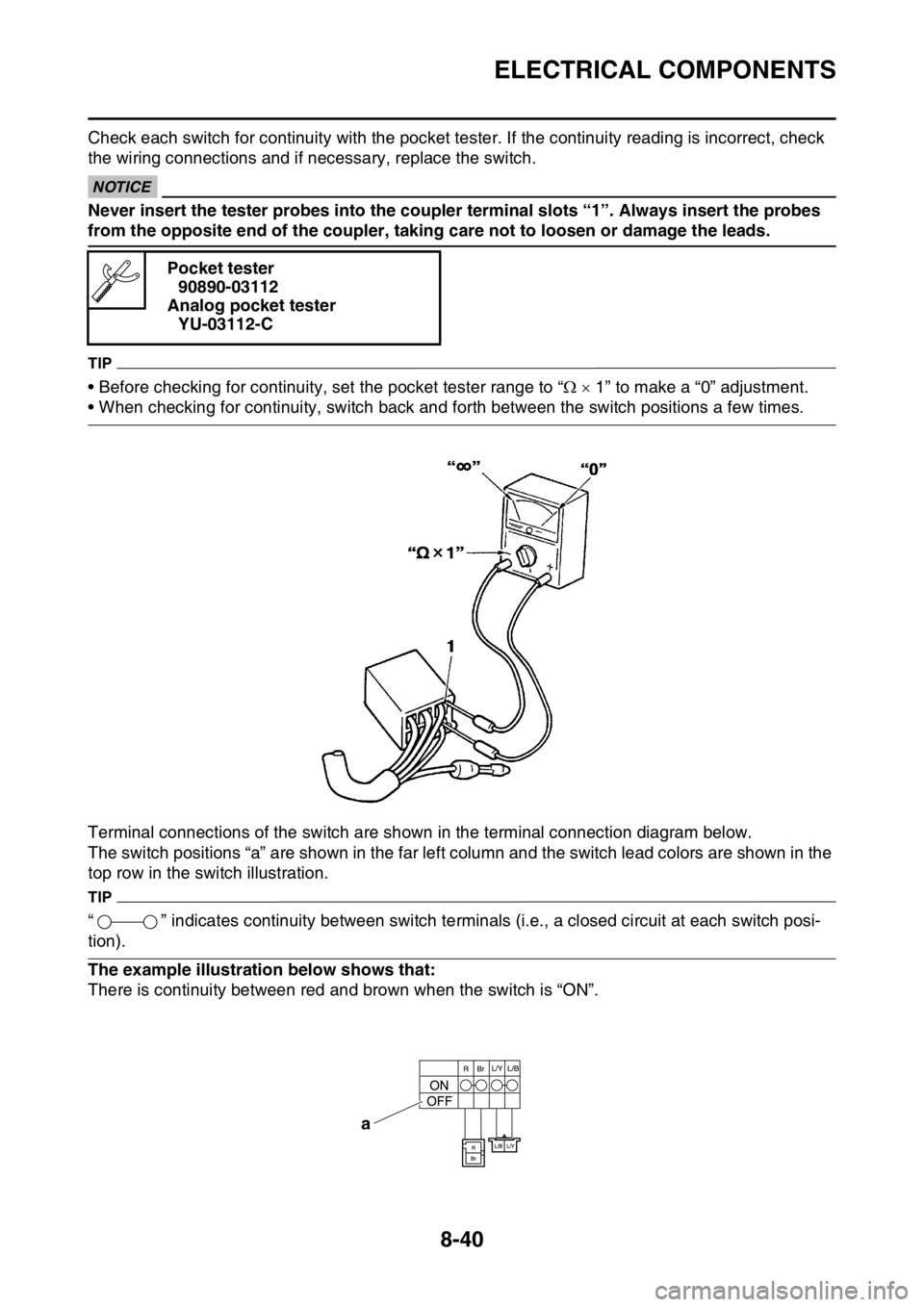 YAMAHA YZ450F 2016 Owners Manual ELECTRICAL COMPONENTS
8-40
Check each switch for continuity with the pocket tester. If the continuity reading is incorrect, check
the wiring connections and if necessary, replace the switch.
ECA14370 YAMAHA YZ450F 2016 Owners Manual ELECTRICAL COMPONENTS
8-40
Check each switch for continuity with the pocket tester. If the continuity reading is incorrect, check
the wiring connections and if necessary, replace the switch.
ECA14370