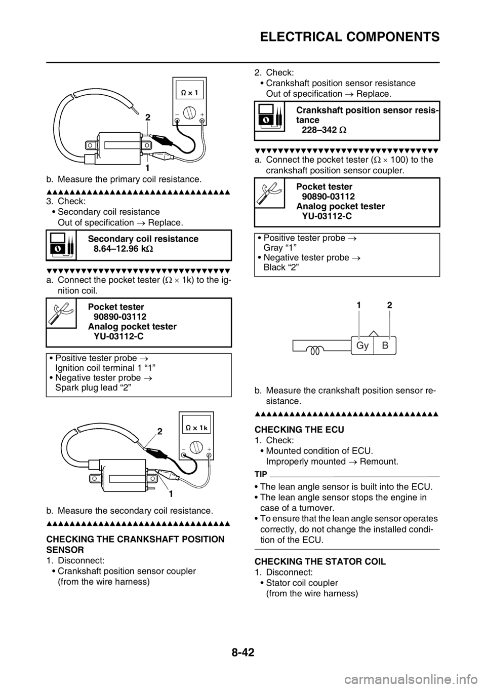 YAMAHA YZ450F 2016 Owners Manual ELECTRICAL COMPONENTS
8-42
b. Measure the primary coil resistance.
▲▲▲▲▲▲▲▲▲▲▲▲▲▲▲▲▲▲▲▲▲▲▲▲▲▲▲▲▲▲▲▲
3. Check:
• Secondary coil resista YAMAHA YZ450F 2016 Owners Manual ELECTRICAL COMPONENTS
8-42
b. Measure the primary coil resistance.
▲▲▲▲▲▲▲▲▲▲▲▲▲▲▲▲▲▲▲▲▲▲▲▲▲▲▲▲▲▲▲▲
3. Check:
• Secondary coil resista