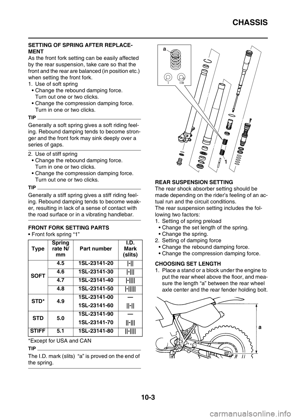 YAMAHA YZ450F 2016 Owners Manual CHASSIS
10-3
EASB111372SETTING OF SPRING AFTER REPLACE-
MENT
As the front fork setting can be easily affected
by the rear suspension, take care so that the
front and the rear are balanced (in positi YAMAHA YZ450F 2016 Owners Manual CHASSIS
10-3
EASB111372SETTING OF SPRING AFTER REPLACE-
MENT
As the front fork setting can be easily affected
by the rear suspension, take care so that the
front and the rear are balanced (in positi