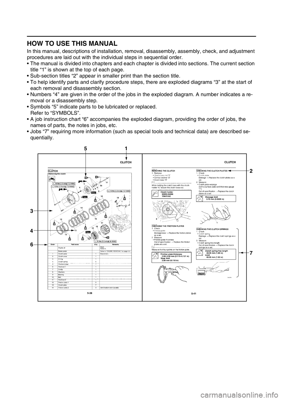 YAMAHA YZ450F 2016 Owners Manual EASB111006
HOW TO USE THIS MANUAL
In this manual, descriptions of installation, removal, disassembly, assembly, check, and adjustment
procedures are laid out with the individual steps in sequential o YAMAHA YZ450F 2016 Owners Manual EASB111006
HOW TO USE THIS MANUAL
In this manual, descriptions of installation, removal, disassembly, assembly, check, and adjustment
procedures are laid out with the individual steps in sequential o