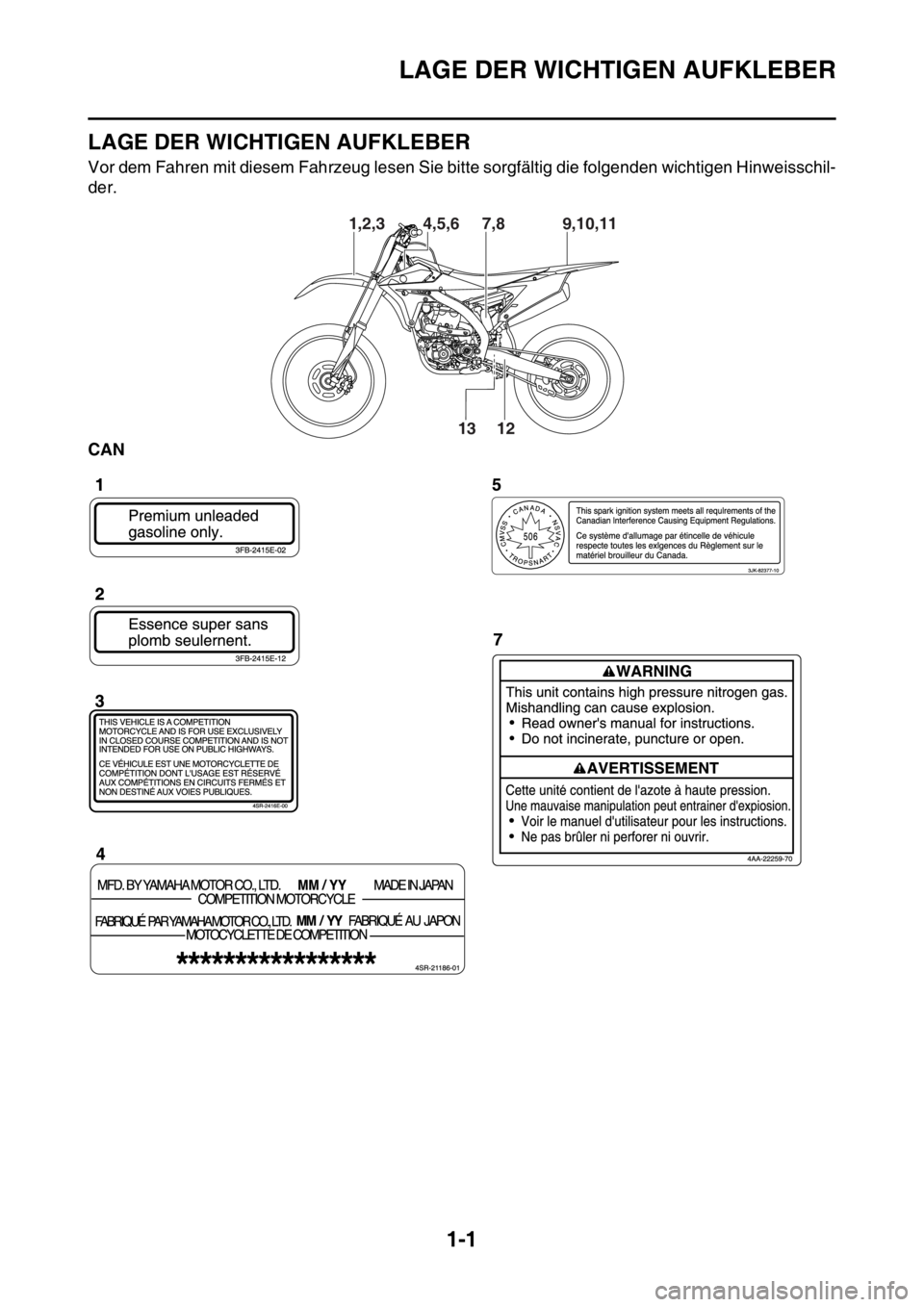 YAMAHA YZ450F 2016 Betriebsanleitungen (in German) LAGE DER WICHTIGEN AUFKLEBER
1-1
GASB111008
LAGE DER WICHTIGEN AUFKLEBER
Vor dem Fahren mit diesem Fahrzeug lesen Sie bitte sorgfältig die folgenden wichtigen Hinweisschil-
der.
CAN
9,10,11 7,8
13
12 YAMAHA YZ450F 2016 Betriebsanleitungen (in German) LAGE DER WICHTIGEN AUFKLEBER
1-1
GASB111008
LAGE DER WICHTIGEN AUFKLEBER
Vor dem Fahren mit diesem Fahrzeug lesen Sie bitte sorgfältig die folgenden wichtigen Hinweisschil-
der.
CAN
9,10,11 7,8
13
12
