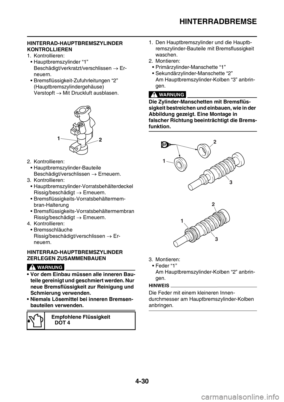 YAMAHA YZ450F 2016  Betriebsanleitungen (in German) HINTERRADBREMSE
4-30
GASB111157HINTERRAD-HAUPTBREMSZYLINDER 
KONTROLLIEREN
1. Kontrollieren:
• Hauptbremszylinder “1”
Beschädigt/verkratzt/verschlissen  Er-
neuern.
• Bremsflüssigkeit-Zuf