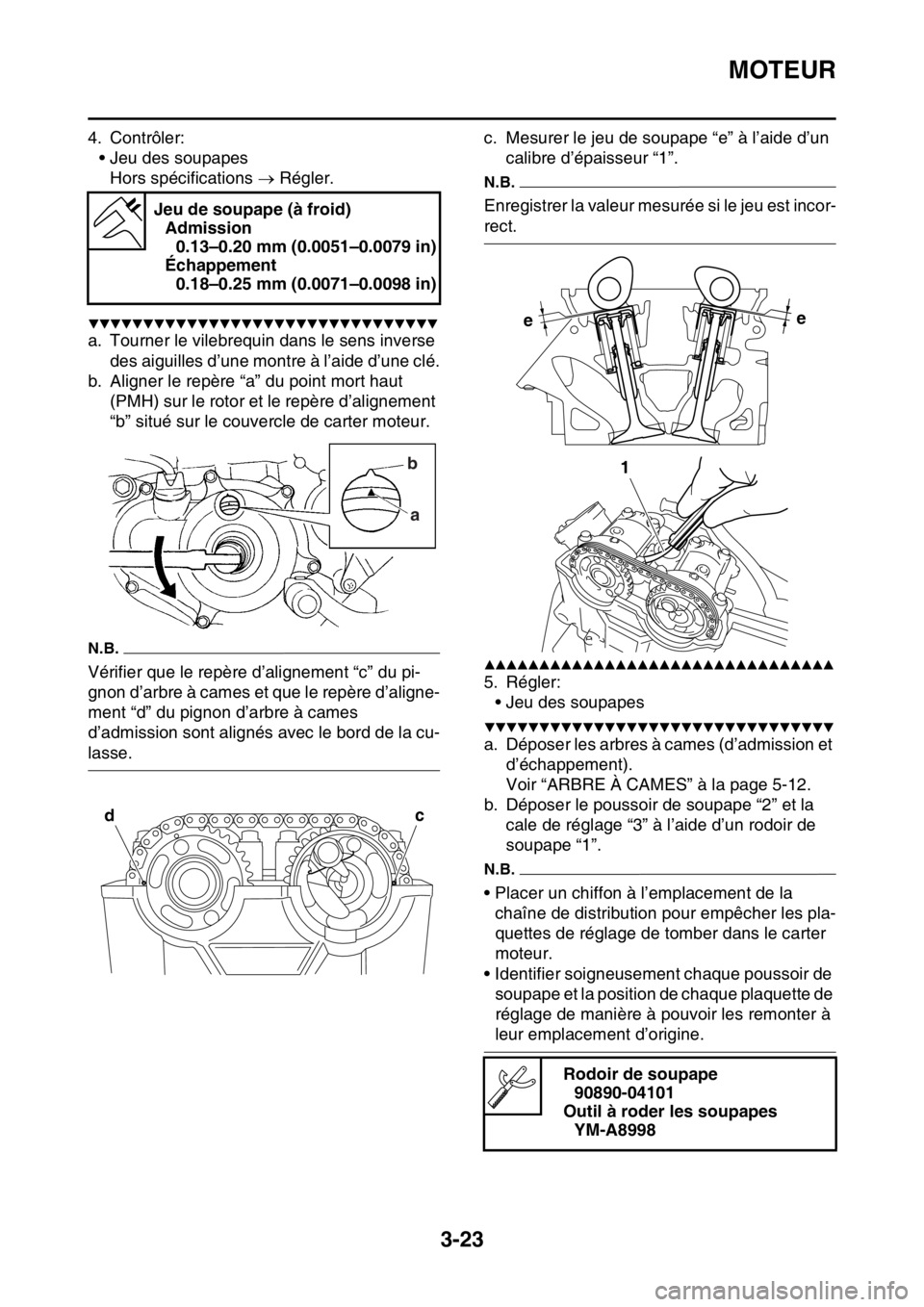 YAMAHA YZ450F 2016 Notices Demploi (in French) MOTEUR
3-23
4. Contrôler:
• Jeu des soupapes
Hors spécifications Régler.
▼▼▼▼▼▼▼▼▼▼▼▼▼▼▼▼▼▼▼▼▼▼▼▼▼▼▼▼▼▼▼▼
a. Tourner le vilebre YAMAHA YZ450F 2016 Notices Demploi (in French) MOTEUR
3-23
4. Contrôler:
• Jeu des soupapes
Hors spécifications Régler.
▼▼▼▼▼▼▼▼▼▼▼▼▼▼▼▼▼▼▼▼▼▼▼▼▼▼▼▼▼▼▼▼
a. Tourner le vilebre