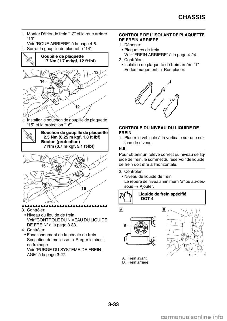 YAMAHA YZ450F 2016 Notices Demploi (in French) CHASSIS
3-33
i. Monter l’étrier de frein “12” et la roue arrière
“13”.
Voir “ROUE ARRIERE” à la page 4-8.
j. Serrer la goupille de plaquette “14”.
k. Installer le bouchon de goup YAMAHA YZ450F 2016 Notices Demploi (in French) CHASSIS
3-33
i. Monter l’étrier de frein “12” et la roue arrière
“13”.
Voir “ROUE ARRIERE” à la page 4-8.
j. Serrer la goupille de plaquette “14”.
k. Installer le bouchon de goup