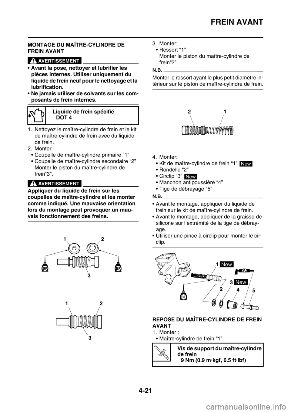 YAMAHA YZ450F 2016  Notices Demploi (in French) FREIN AVANT
4-21
FASB111145MONTAGE DU MAÎTRE-CYLINDRE DE 
FREIN AVANT
EWA
AVERTISSEMENT
• Avant la pose, nettoyer et lubrifier les 
pièces internes. Utiliser uniquement du 
liquide de frein neuf p