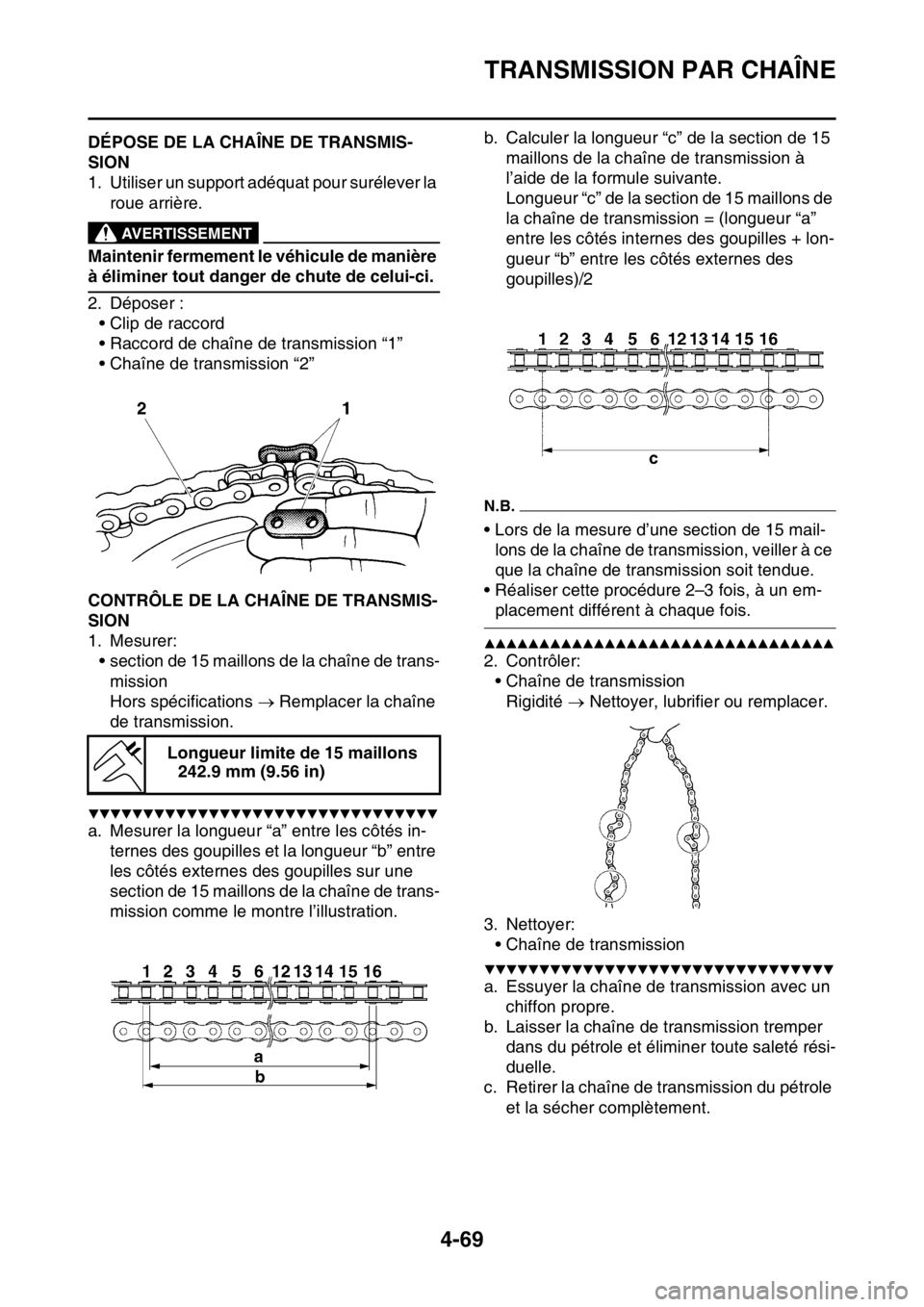 YAMAHA YZ450F 2016  Notices Demploi (in French) TRANSMISSION PAR CHAÎNE
4-69
FASB111189DÉPOSE DE LA CHAÎNE DE TRANSMIS-
SION
1. Utiliser un support adéquat pour surélever la 
roue arrière.
EWA13120
AVERTISSEMENT
Maintenir fermement le véhicu