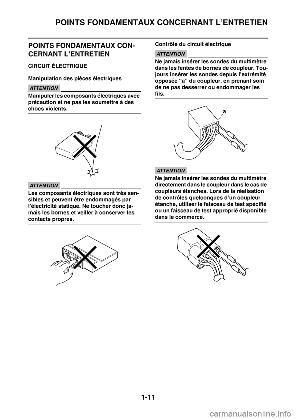 YAMAHA YZ450F 2016  Notices Demploi (in French) POINTS FONDAMENTAUX CONCERNANT L’ENTRETIEN
1-11
FASB111026
POINTS FONDAMENTAUX CON-
CERNANT L’ENTRETIEN
FASB111027CIRCUIT ÉLECTRIQUE
Manipulation des pièces électriques
FCA16620
ATTENTION
Manip