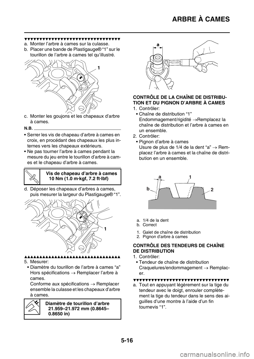 YAMAHA YZ450F 2016 Notices Demploi (in French) ARBRE À CAMES
5-16
▼▼▼▼▼▼▼▼▼▼▼▼▼▼▼▼▼▼▼▼▼▼▼▼▼▼▼▼▼▼▼▼
a. Monter l’arbre à cames sur la culasse.
b. Placer une bande de Plastigauge® YAMAHA YZ450F 2016 Notices Demploi (in French) ARBRE À CAMES
5-16
▼▼▼▼▼▼▼▼▼▼▼▼▼▼▼▼▼▼▼▼▼▼▼▼▼▼▼▼▼▼▼▼
a. Monter l’arbre à cames sur la culasse.
b. Placer une bande de Plastigauge®