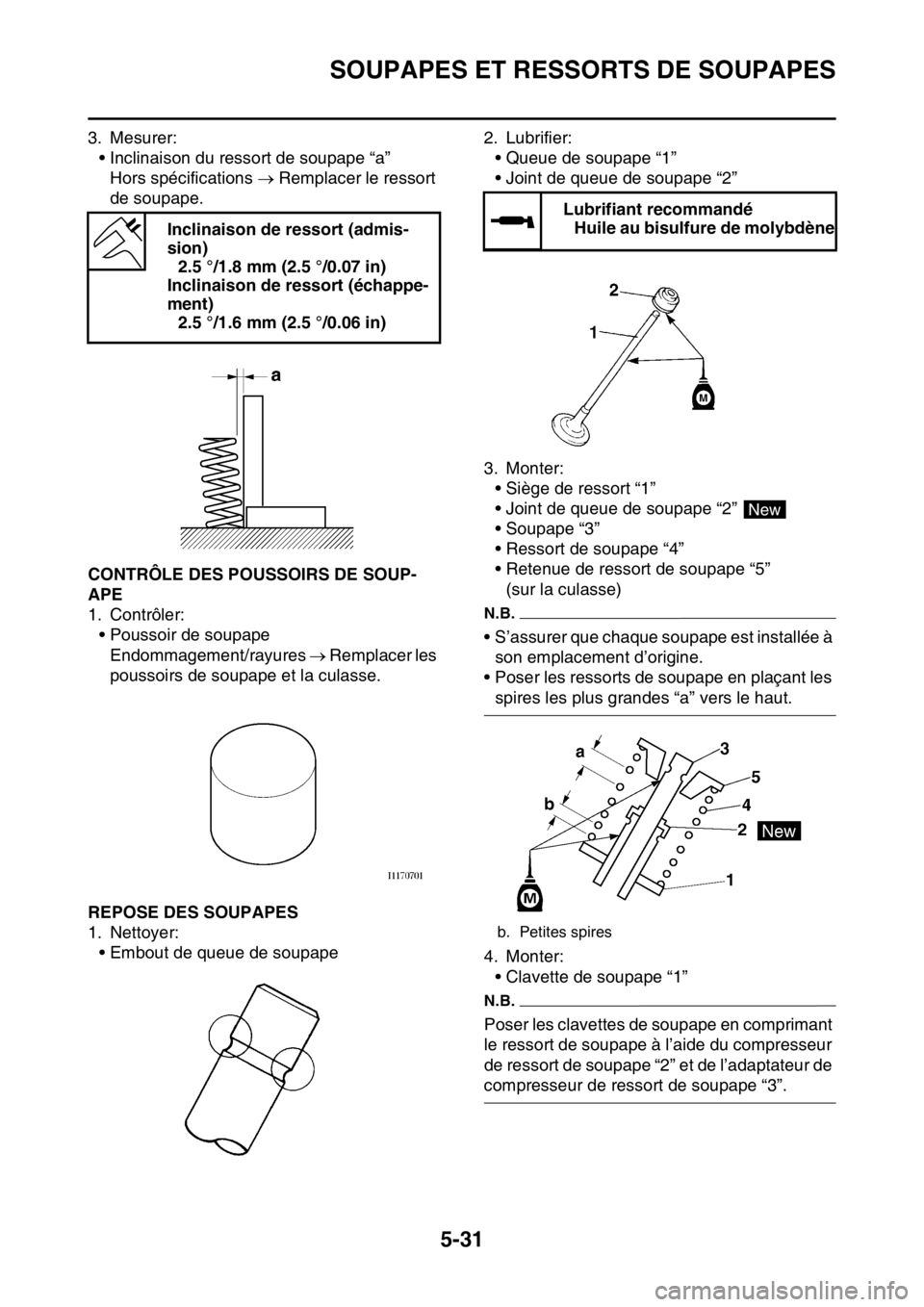YAMAHA YZ450F 2016 Notices Demploi (in French) SOUPAPES ET RESSORTS DE SOUPAPES
5-31
3. Mesurer:
• Inclinaison du ressort de soupape “a”
Hors spécifications Remplacer le ressort
de soupape.
FASB111223CONTRÔLE DES POUSSOIRS DE SOUP-
AP YAMAHA YZ450F 2016 Notices Demploi (in French) SOUPAPES ET RESSORTS DE SOUPAPES
5-31
3. Mesurer:
• Inclinaison du ressort de soupape “a”
Hors spécifications Remplacer le ressort
de soupape.
FASB111223CONTRÔLE DES POUSSOIRS DE SOUP-
AP