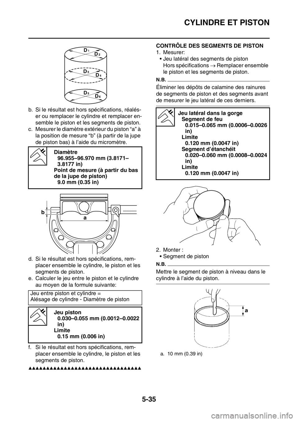 YAMAHA YZ450F 2016  Notices Demploi (in French) CYLINDRE ET PISTON
5-35
b. Si le résultat est hors spécifications, réalés-
er ou remplacer le cylindre et remplacer en-
semble le piston et les segments de piston.
c. Mesurer le diamètre extérie