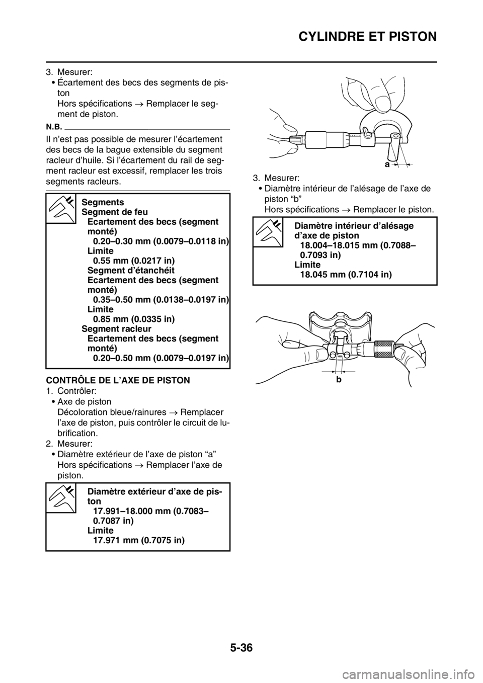 YAMAHA YZ450F 2016  Notices Demploi (in French) CYLINDRE ET PISTON
5-36
3. Mesurer:
• Écartement des becs des segments de pis-
ton
Hors spécifications  Remplacer le seg-
ment de piston.
N.B.
Il n’est pas possible de mesurer l’écartement