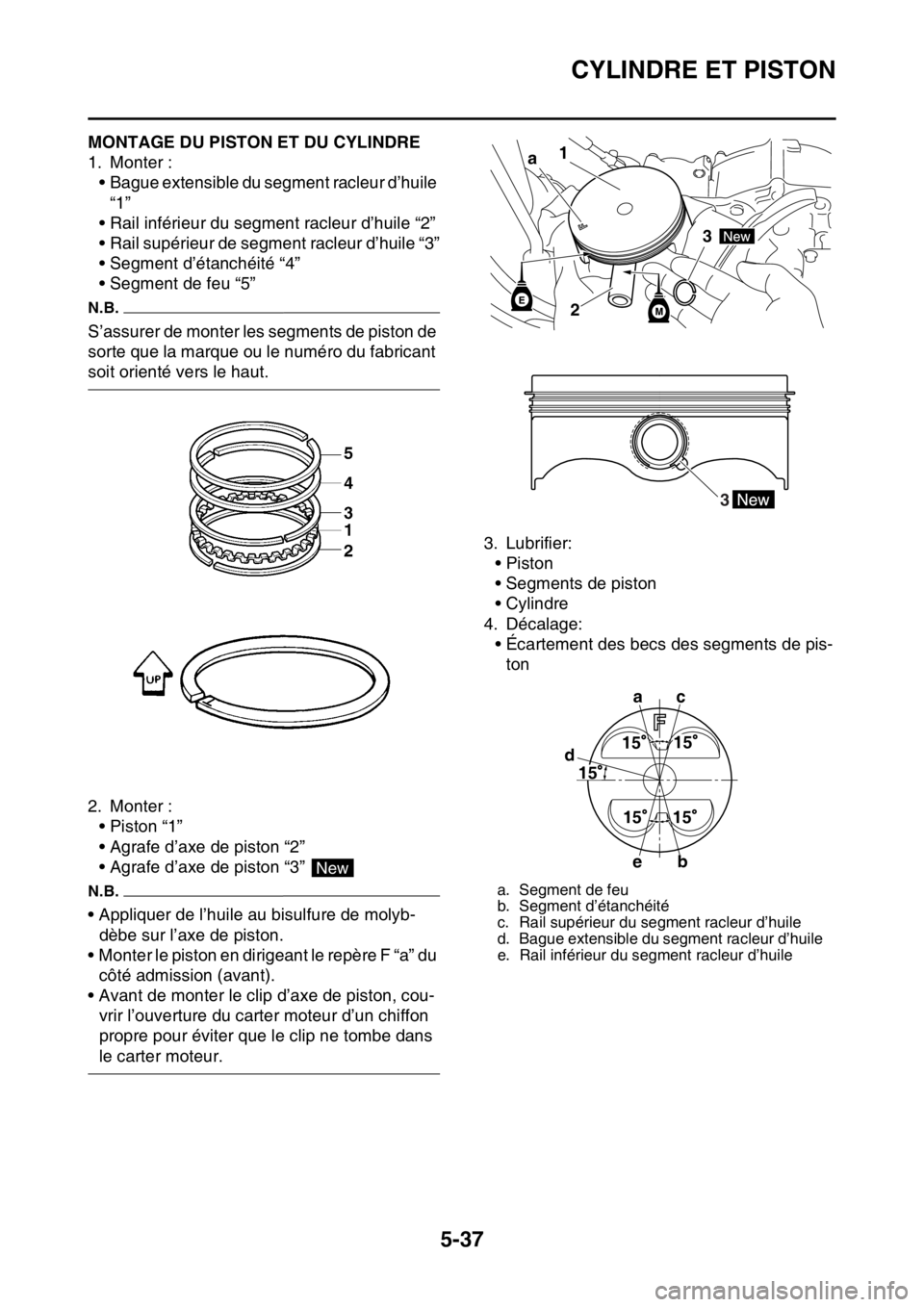 YAMAHA YZ450F 2016  Notices Demploi (in French) CYLINDRE ET PISTON
5-37
FASB111230MONTAGE DU PISTON ET DU CYLINDRE
1. Monter :
• Bague extensible du segment racleur d’huile 
“1”
• Rail inférieur du segment racleur d’huile “2”
• R