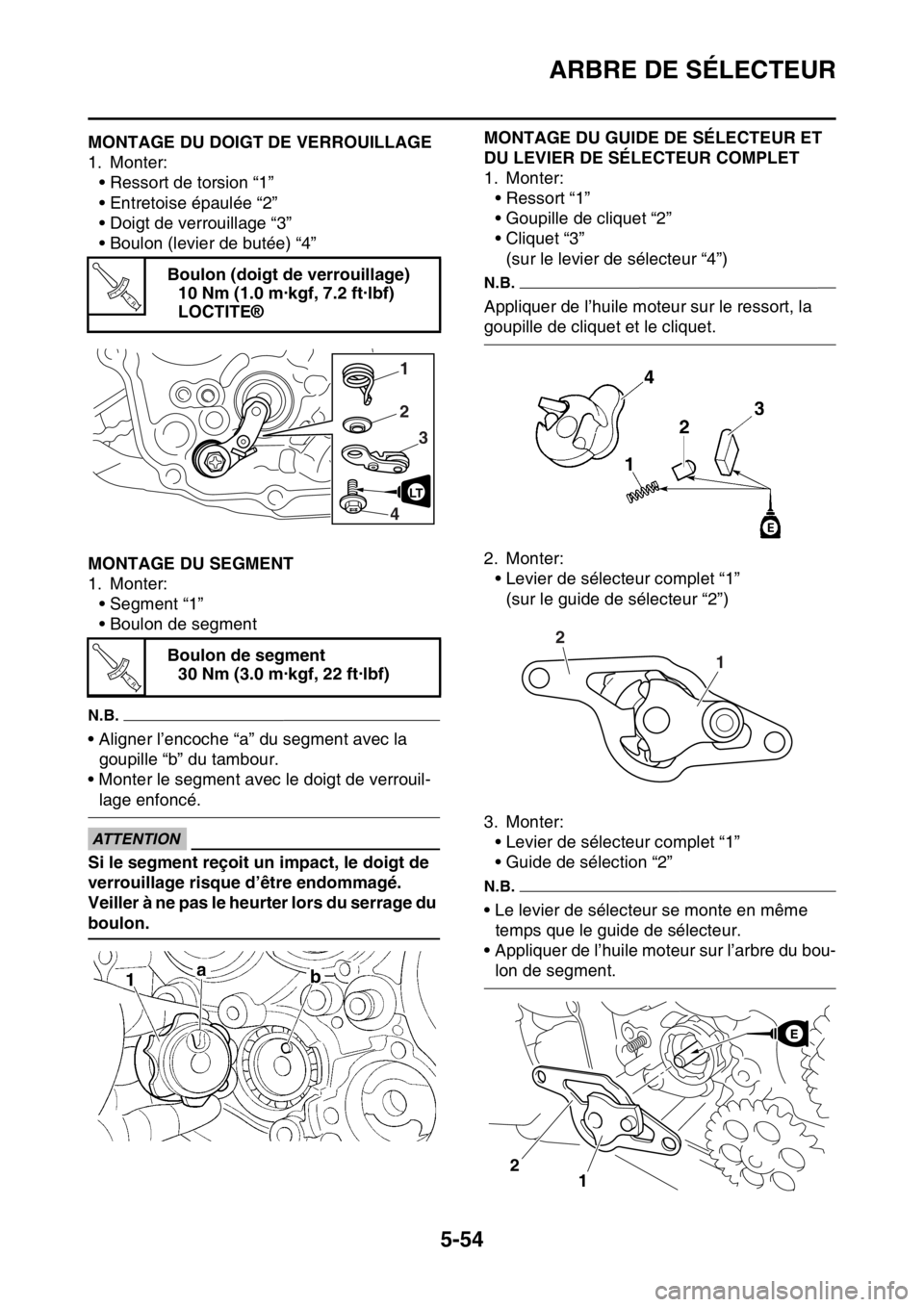 YAMAHA YZ450F 2016  Notices Demploi (in French) ARBRE DE SÉLECTEUR
5-54
FASB111259MONTAGE DU DOIGT DE VERROUILLAGE
1. Monter:
• Ressort de torsion “1”
• Entretoise épaulée “2”
• Doigt de verrouillage “3”
• Boulon (levier de b