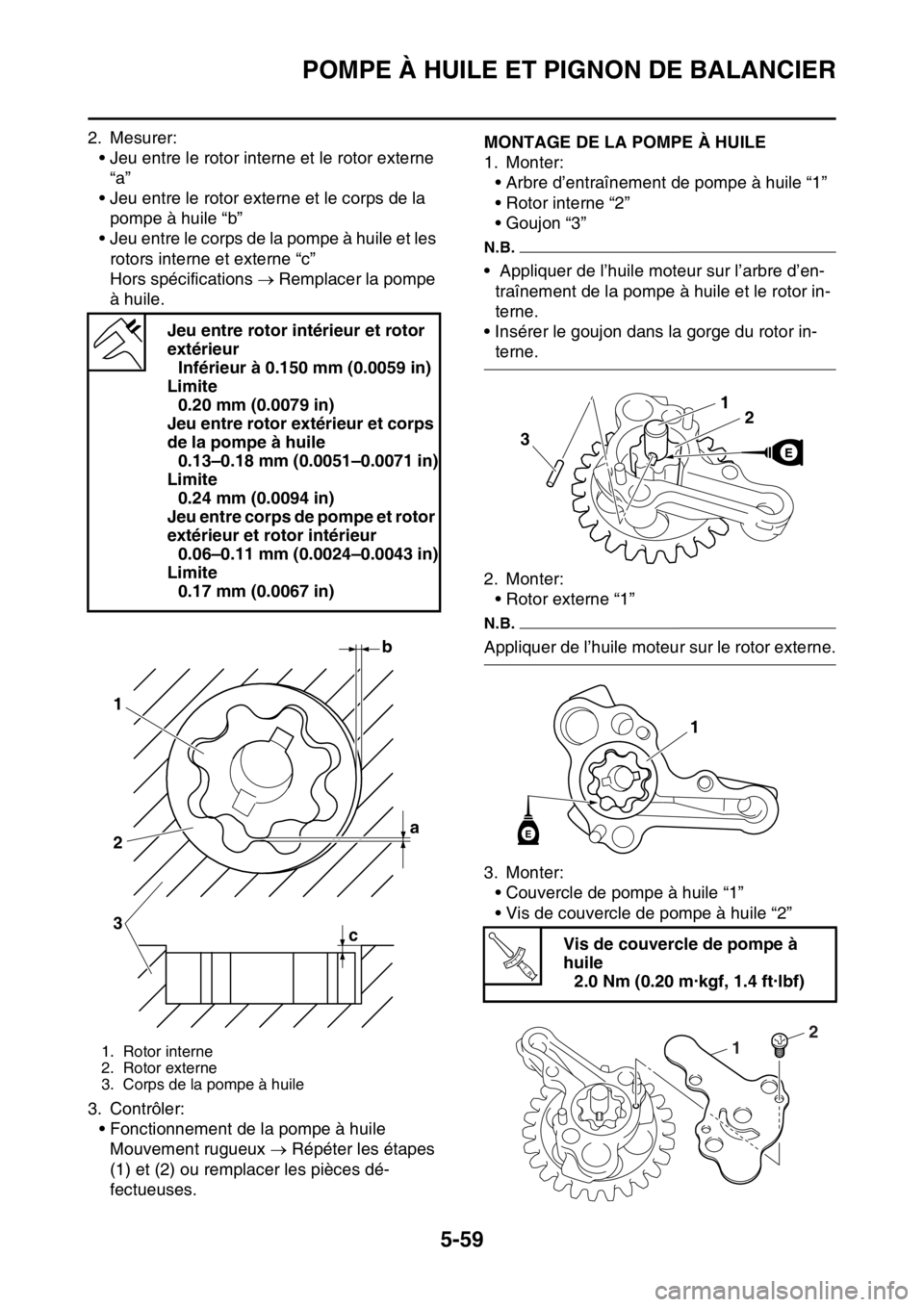YAMAHA YZ450F 2016  Notices Demploi (in French) POMPE À HUILE ET PIGNON DE BALANCIER
5-59
2. Mesurer:
• Jeu entre le rotor interne et le rotor externe 
“a”
• Jeu entre le rotor externe et le corps de la 
pompe à huile “b”
• Jeu entr