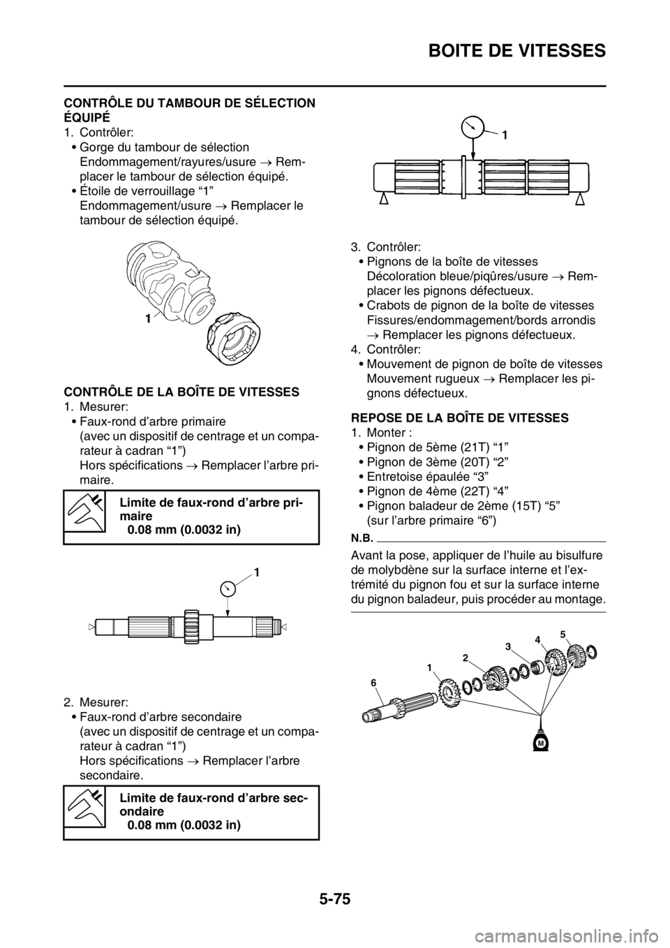 YAMAHA YZ450F 2016  Notices Demploi (in French) BOITE DE VITESSES
5-75
FASB111290CONTRÔLE DU TAMBOUR DE SÉLECTION 
ÉQUIPÉ
1. Contrôler:
• Gorge du tambour de sélection
Endommagement/rayures/usure  Rem-
placer le tambour de sélection éq