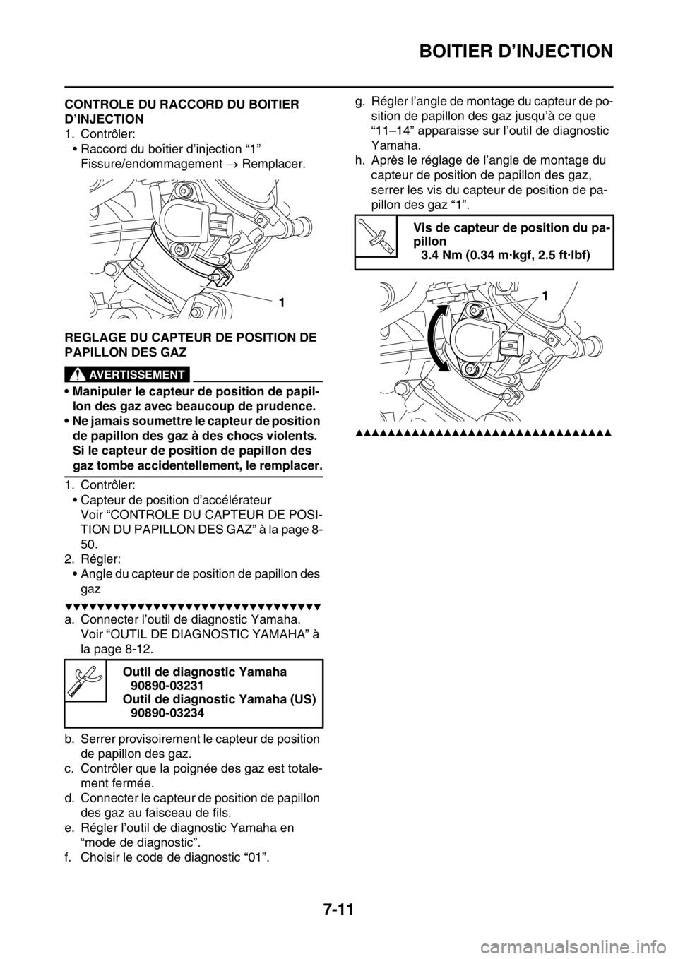 YAMAHA YZ450F 2016 Notices Demploi (in French) BOITIER D’INJECTION
7-11
FASB111316CONTROLE DU RACCORD DU BOITIER
D’INJECTION
1. Contrôler:
• Raccord du boîtier d’injection “1”
Fissure/endommagement Remplacer.
FASB111317REGLAGE D YAMAHA YZ450F 2016 Notices Demploi (in French) BOITIER D’INJECTION
7-11
FASB111316CONTROLE DU RACCORD DU BOITIER
D’INJECTION
1. Contrôler:
• Raccord du boîtier d’injection “1”
Fissure/endommagement Remplacer.
FASB111317REGLAGE D