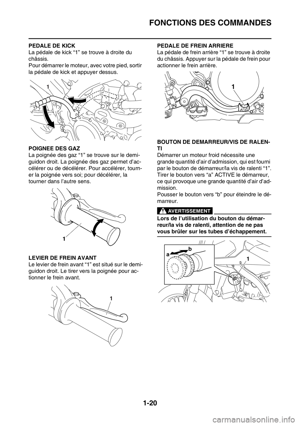 YAMAHA YZ450F 2016 Notices Demploi (in French) FONCTIONS DES COMMANDES
1-20
FASB111034PEDALE DE KICK
La pédale de kick “1” se trouve à droite du
châssis.
Pour démarrer le moteur, avec votre pied, sortir
la pédale de kick et appuyer dess YAMAHA YZ450F 2016 Notices Demploi (in French) FONCTIONS DES COMMANDES
1-20
FASB111034PEDALE DE KICK
La pédale de kick “1” se trouve à droite du
châssis.
Pour démarrer le moteur, avec votre pied, sortir
la pédale de kick et appuyer dess