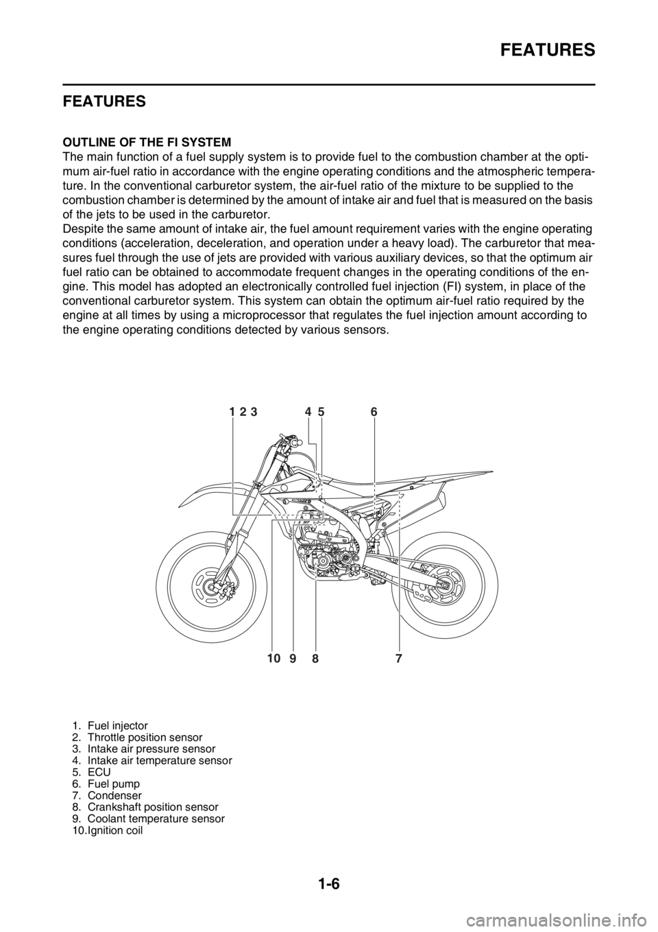 YAMAHA YZ450F 2015 Owners Manual FEATURES
1-6
EAS20170
FEATURES
EAS1SL5014OUTLINE OF THE FI SYSTEM
The main function of a fuel supply system is to provide fuel to the combustion chamber at the opti-
mum air-fuel ratio in accordance w YAMAHA YZ450F 2015 Owners Manual FEATURES
1-6
EAS20170
FEATURES
EAS1SL5014OUTLINE OF THE FI SYSTEM
The main function of a fuel supply system is to provide fuel to the combustion chamber at the opti-
mum air-fuel ratio in accordance w