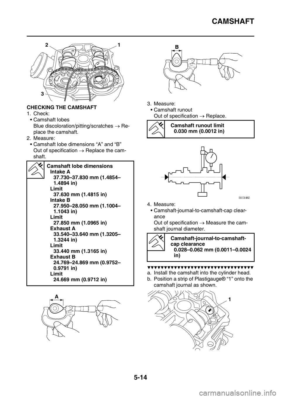 YAMAHA YZ450F 2015  Owners Manual CAMSHAFT
5-14
EAS1SL5210CHECKING THE CAMSHAFT
1. Check:
• Camshaft lobes
Blue discoloration/pitting/scratches  Re-
place the camshaft.
2. Measure:
• Camshaft lobe dimensions “A” and “B”