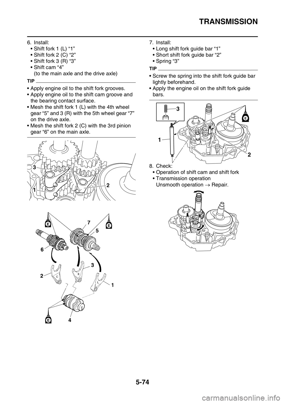 YAMAHA YZ450F 2015  Owners Manual TRANSMISSION
5-74
6. Install:
• Shift fork 1 (L) “1”
• Shift fork 2 (C) “2”
• Shift fork 3 (R) “3”
• Shift cam “4”
(to the main axle and the drive axle)
TIP
• Apply engine oi