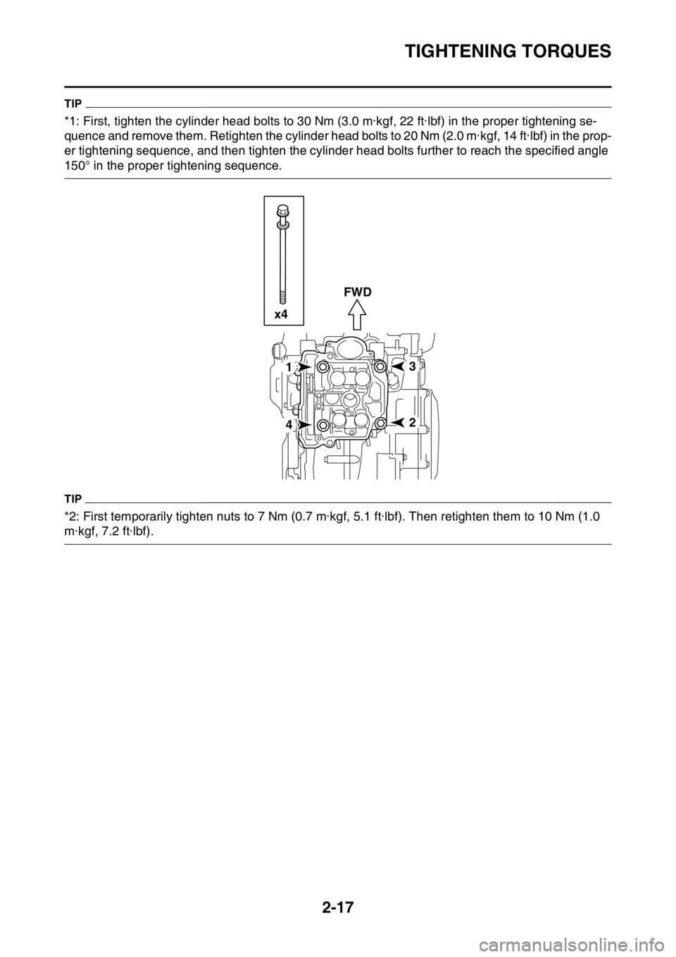 YAMAHA YZ450F 2015 Workshop Manual TIGHTENING TORQUES
2-17
TIP
*1: First, tighten the cylinder head bolts to 30 Nm (3.0 m·kgf, 22 ft·lbf) in the proper tightening se-
quence and remove them. Retighten the cylinder head bolts to 20 Nm YAMAHA YZ450F 2015 Workshop Manual TIGHTENING TORQUES
2-17
TIP
*1: First, tighten the cylinder head bolts to 30 Nm (3.0 m·kgf, 22 ft·lbf) in the proper tightening se-
quence and remove them. Retighten the cylinder head bolts to 20 Nm