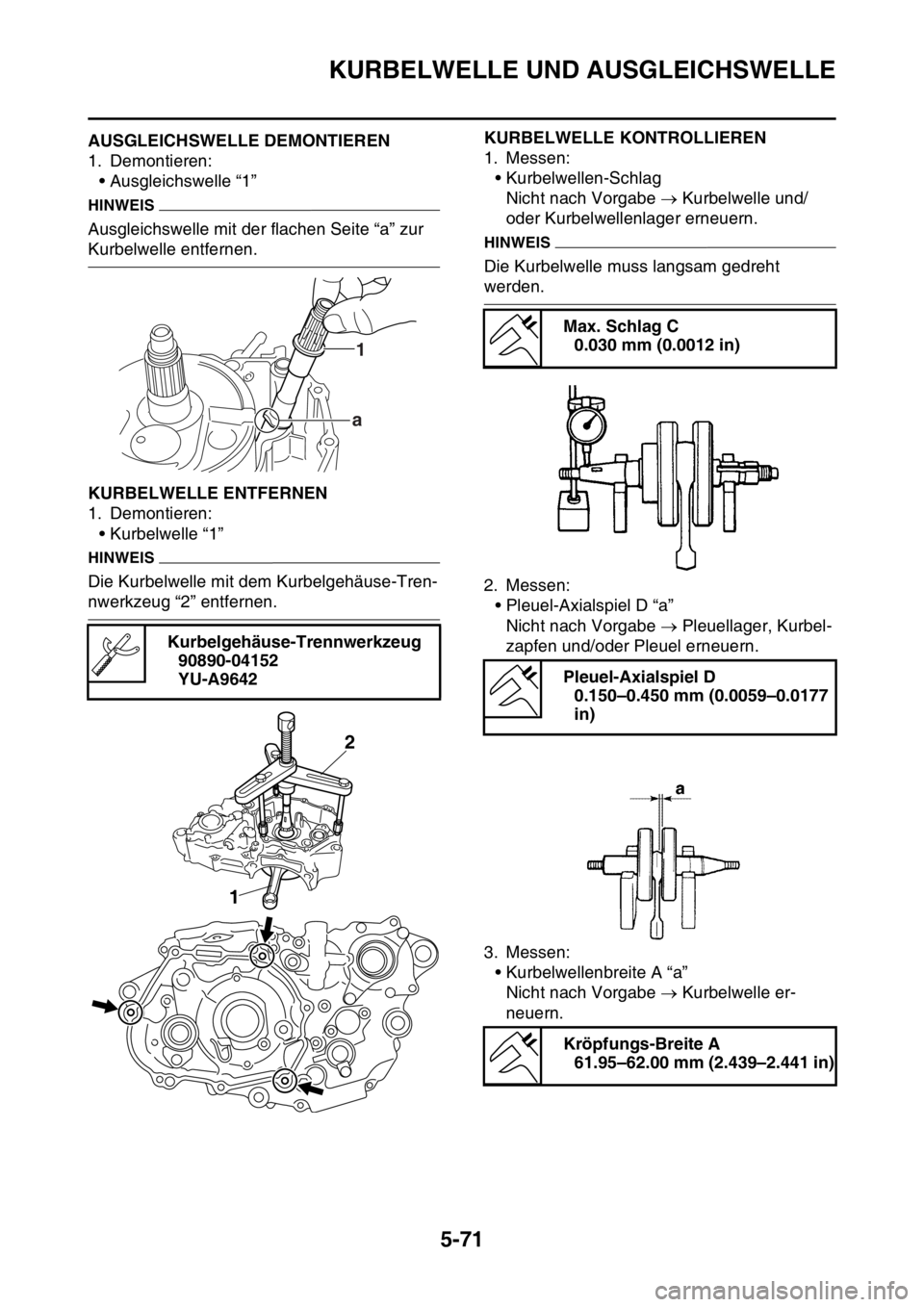 YAMAHA YZ450F 2015 Betriebsanleitungen (in German) KURBELWELLE UND AUSGLEICHSWELLE
5-71
GAS1SL5285AUSGLEICHSWELLE DEMONTIEREN
1. Demontieren:
• Ausgleichswelle “1”
HINWEIS
Ausgleichswelle mit der flachen Seite “a” zur
Kurbelwelle entfernen. YAMAHA YZ450F 2015 Betriebsanleitungen (in German) KURBELWELLE UND AUSGLEICHSWELLE
5-71
GAS1SL5285AUSGLEICHSWELLE DEMONTIEREN
1. Demontieren:
• Ausgleichswelle “1”
HINWEIS
Ausgleichswelle mit der flachen Seite “a” zur
Kurbelwelle entfernen.
