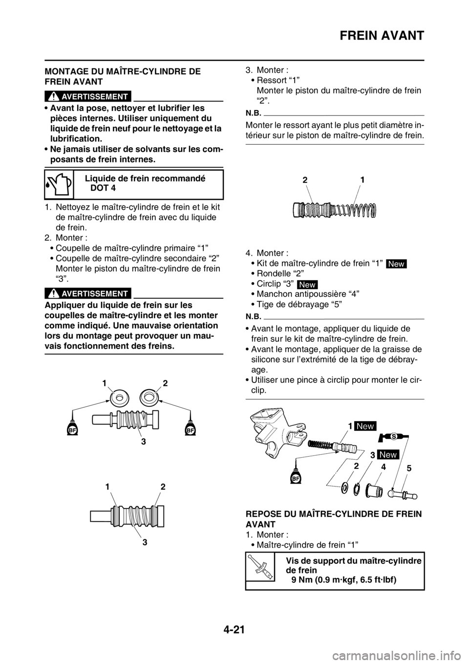 YAMAHA YZ450F 2015  Notices Demploi (in French) FREIN AVANT
4-21
FAS1SL5147MONTAGE DU MAÎTRE-CYLINDRE DE 
FREIN AVANT
EWA13520
AVERTISSEMENT
• Avant la pose, nettoyer et lubrifier les 
pièces internes. Utiliser uniquement du 
liquide de frein n