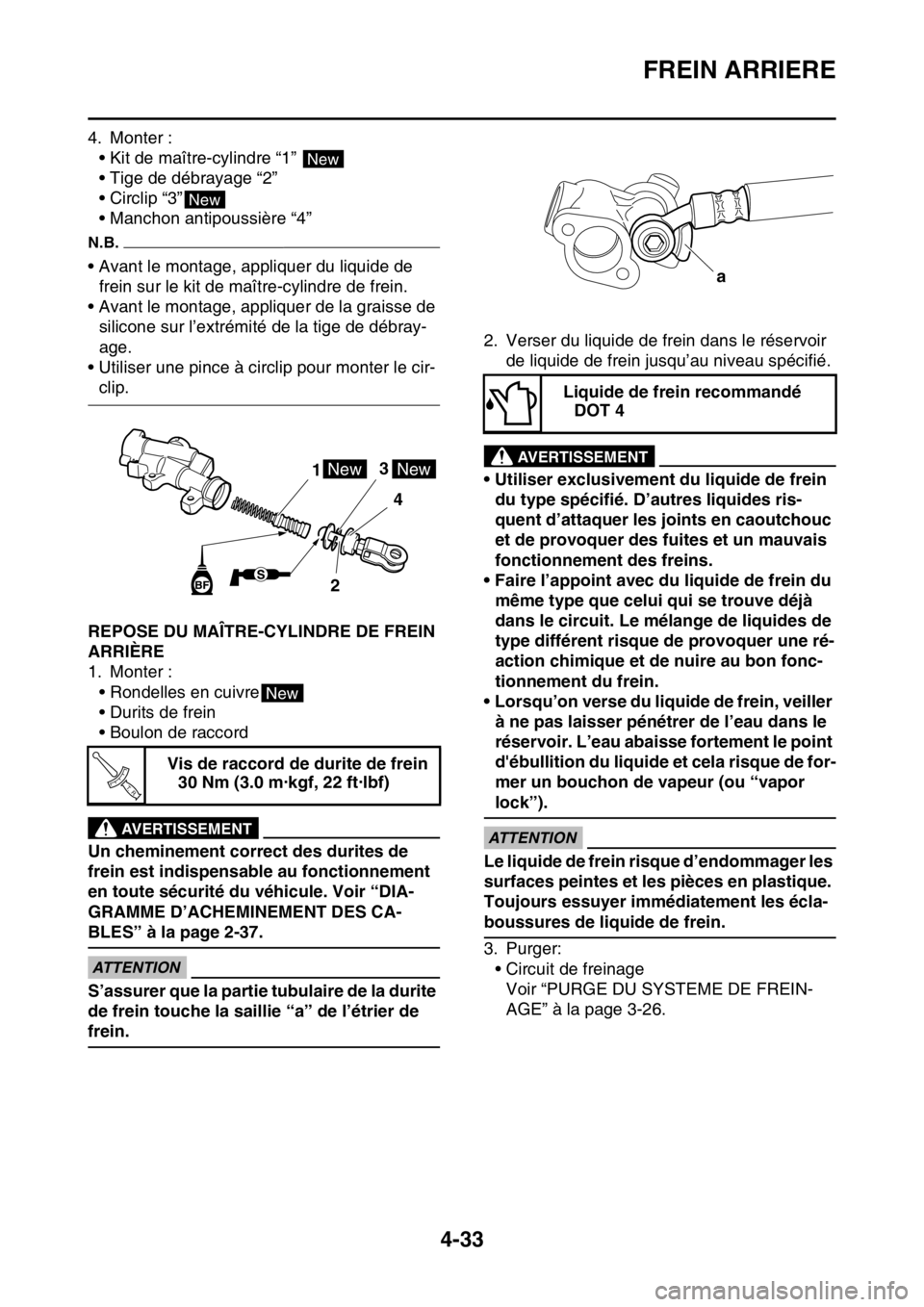 YAMAHA YZ450F 2015 Notices Demploi (in French) FREIN ARRIERE
4-33
4. Monter :
• Kit de maître-cylindre “1”
• Tige de débrayage “2”
• Circlip “3”
• Manchon antipoussière “4”
N.B.
• Avant le montage, appliquer du liquid YAMAHA YZ450F 2015 Notices Demploi (in French) FREIN ARRIERE
4-33
4. Monter :
• Kit de maître-cylindre “1”
• Tige de débrayage “2”
• Circlip “3”
• Manchon antipoussière “4”
N.B.
• Avant le montage, appliquer du liquid