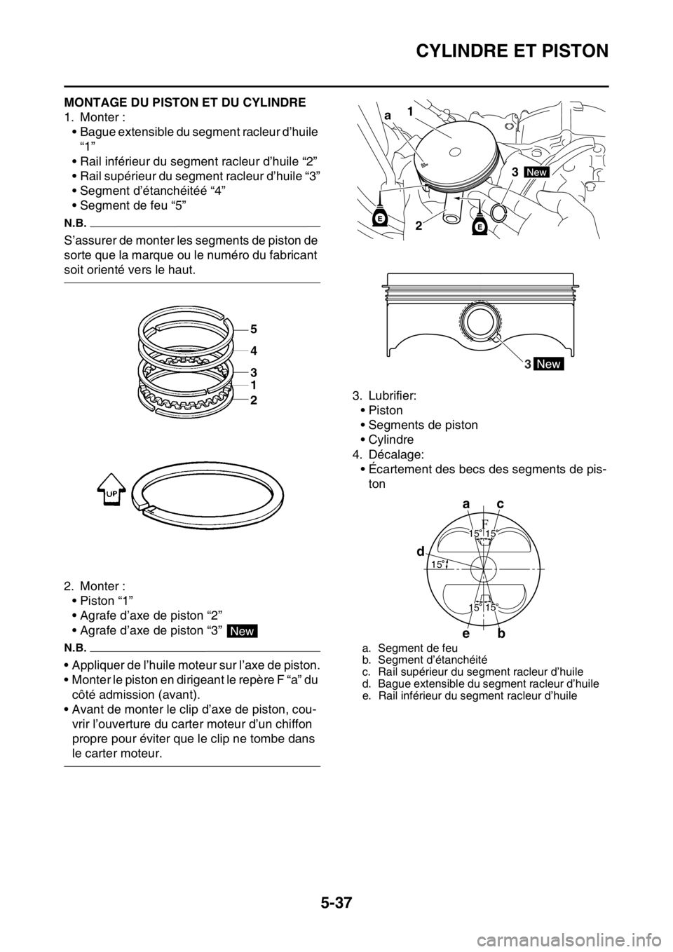 YAMAHA YZ450F 2015 Notices Demploi (in French) CYLINDRE ET PISTON
5-37
FAS1SL5232MONTAGE DU PISTON ET DU CYLINDRE
1. Monter :
• Bague extensible du segment racleur d’huile
“1”
• Rail inférieur du segment racleur d’huile “2”
• R YAMAHA YZ450F 2015 Notices Demploi (in French) CYLINDRE ET PISTON
5-37
FAS1SL5232MONTAGE DU PISTON ET DU CYLINDRE
1. Monter :
• Bague extensible du segment racleur d’huile
“1”
• Rail inférieur du segment racleur d’huile “2”
• R