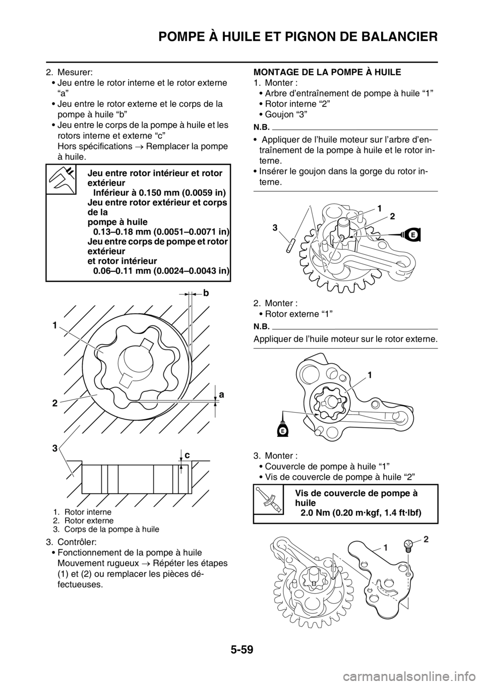 YAMAHA YZ450F 2015 Notices Demploi (in French) POMPE À HUILE ET PIGNON DE BALANCIER
5-59
2. Mesurer:
• Jeu entre le rotor interne et le rotor externe
“a”
• Jeu entre le rotor externe et le corps de la
pompe à huile “b”
• Jeu entr YAMAHA YZ450F 2015 Notices Demploi (in French) POMPE À HUILE ET PIGNON DE BALANCIER
5-59
2. Mesurer:
• Jeu entre le rotor interne et le rotor externe
“a”
• Jeu entre le rotor externe et le corps de la
pompe à huile “b”
• Jeu entr